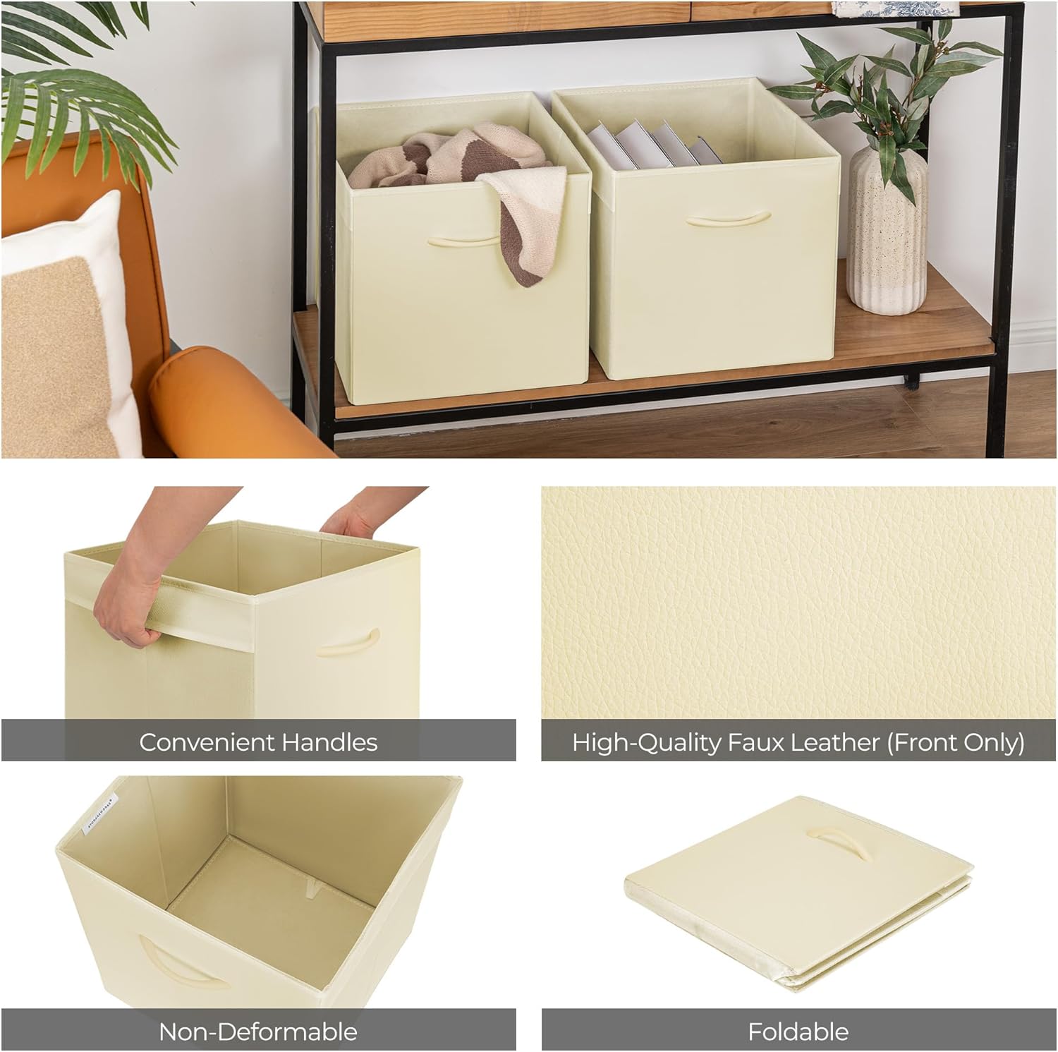 StorageWorks Beige Storage Cubes, 13x13 Storage Cube Bins with Handle, Cube Storage Organizer Bins for Shelves and Closet, Collapsible Storage Bins, 4-Pack