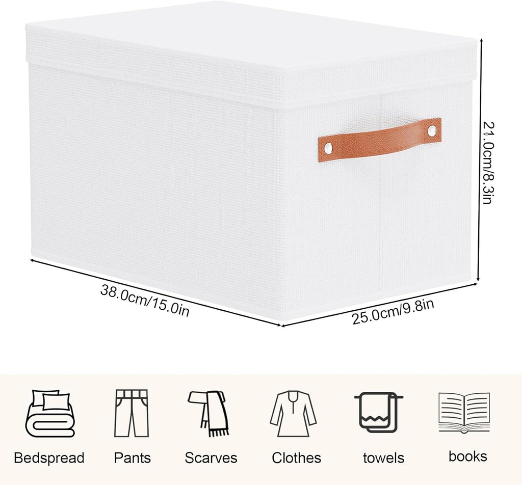 Fabric Storage Bins, Clothes Boxes for Shelves with Lids, Baskets for Organizing with Handles, Decorative Linen Closet Organizers, White, 5 Pack, 15 x 9.8 x 8.3 Inch