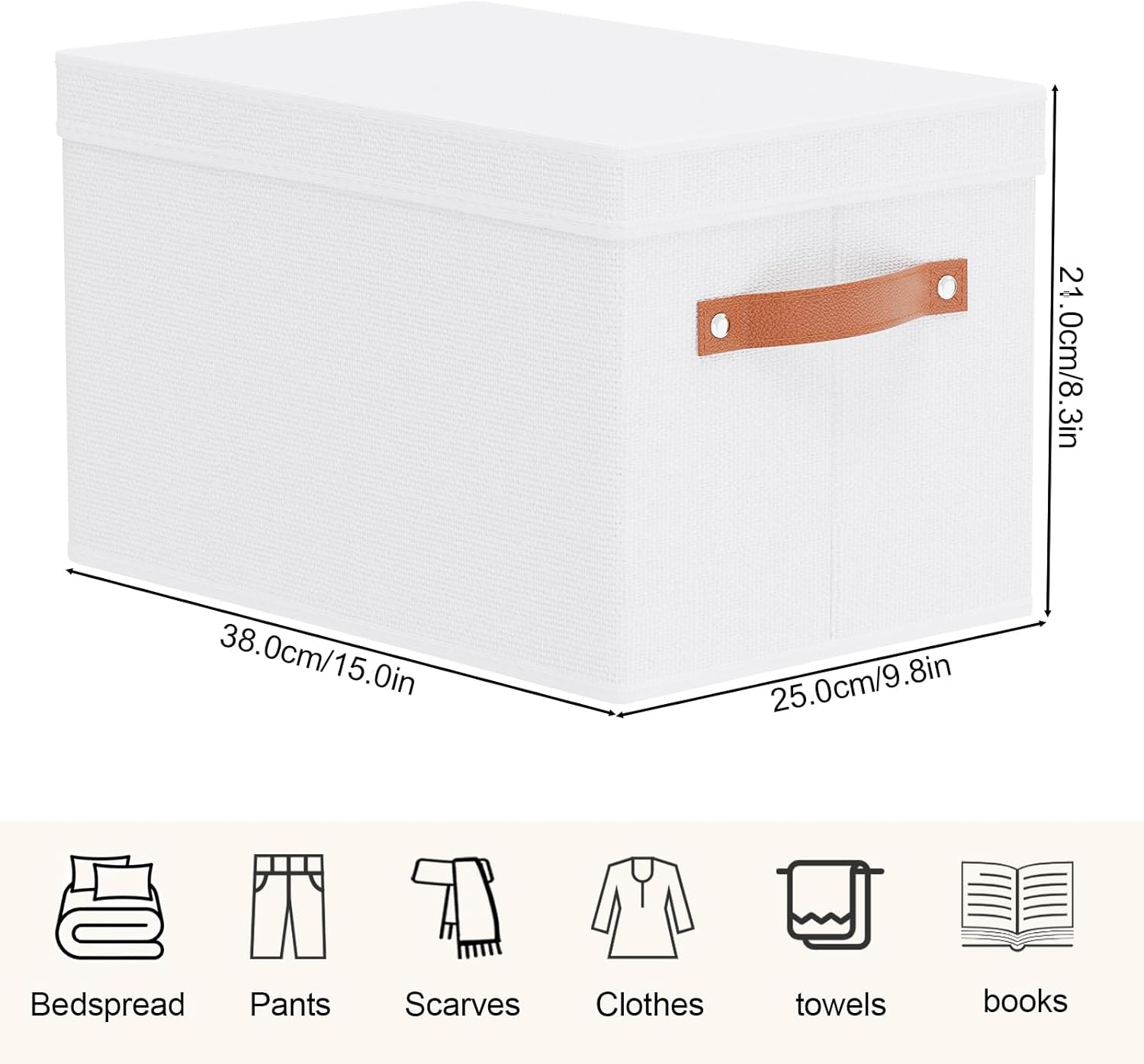 Fabric Storage Bins, Clothes Boxes for Shelves with Lids, Baskets for Organizing with Handles, Decorative Linen Closet Organizers, White, 5 Pack, 15 x 9.8 x 8.3 Inch