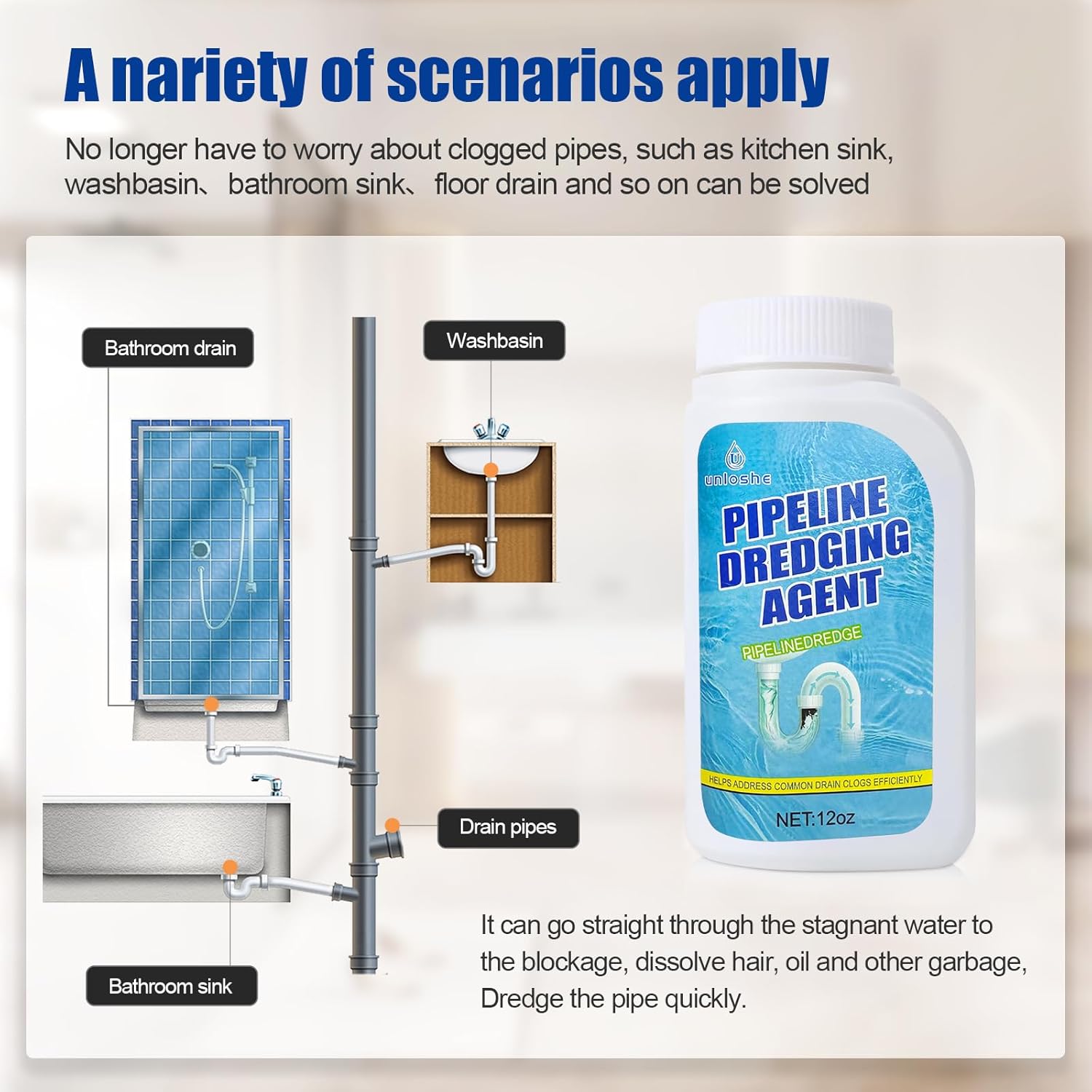 Pipeline Dredging Agent, Drain Clog Remover, Powerful Unclog Sink Drain Cleaner, for Kitchen Bathroom Sinks, Tubs Pipe Cleaning Tool (2PCS)