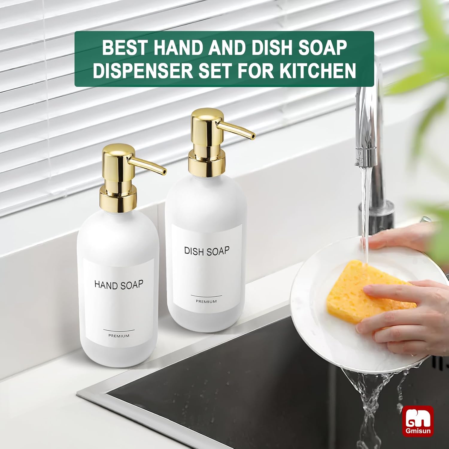 GMISUN White Soap Dispenser, 2 Pack Glass Hand Soap Dispensers Bathroom with Gold Pump, 17 Fl Oz Dish Soap Dispenser Set for Kitchen, Refillable Modern Liquid Soap and Lotion Dispensers Bottle