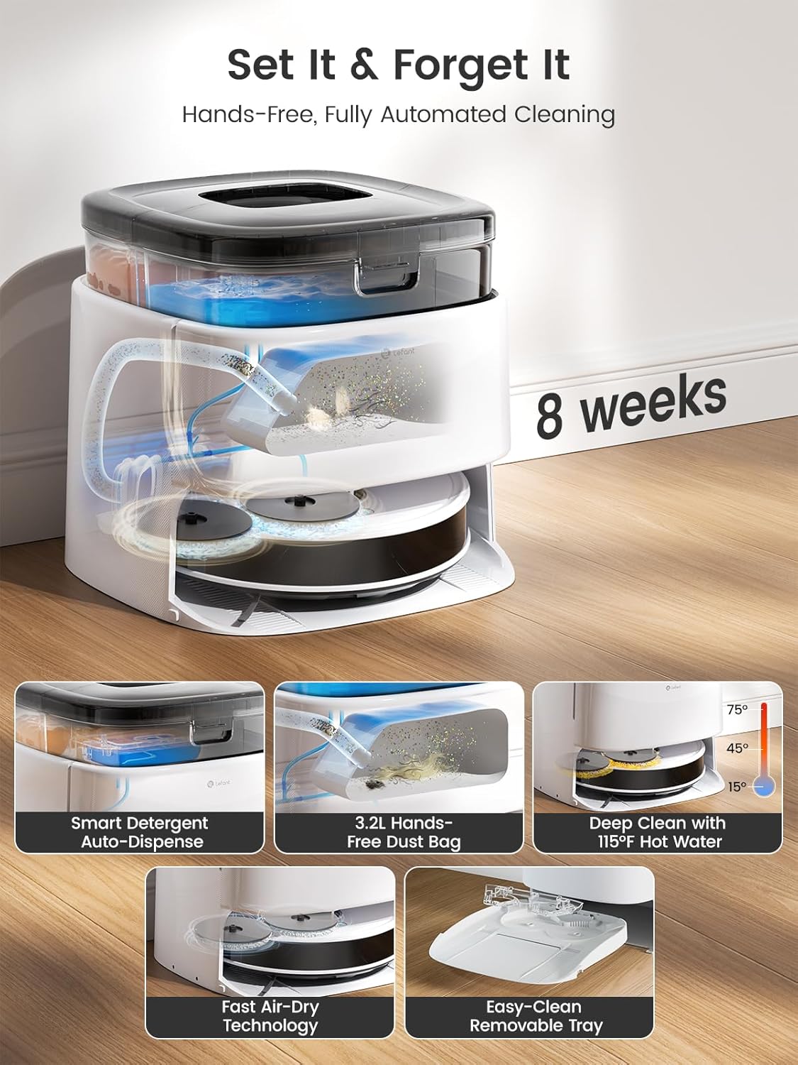 Lefant Robot Vacuum and Mop, 12000Pa Suction, Self Emptying, Auto Mop Washing and Drying for Hands-Free, Anti-Tangle Brushes, Dual Spinning Mop for Pet Hair Dust, Wi-Fi/App/Alexa/iWatch Control, M3