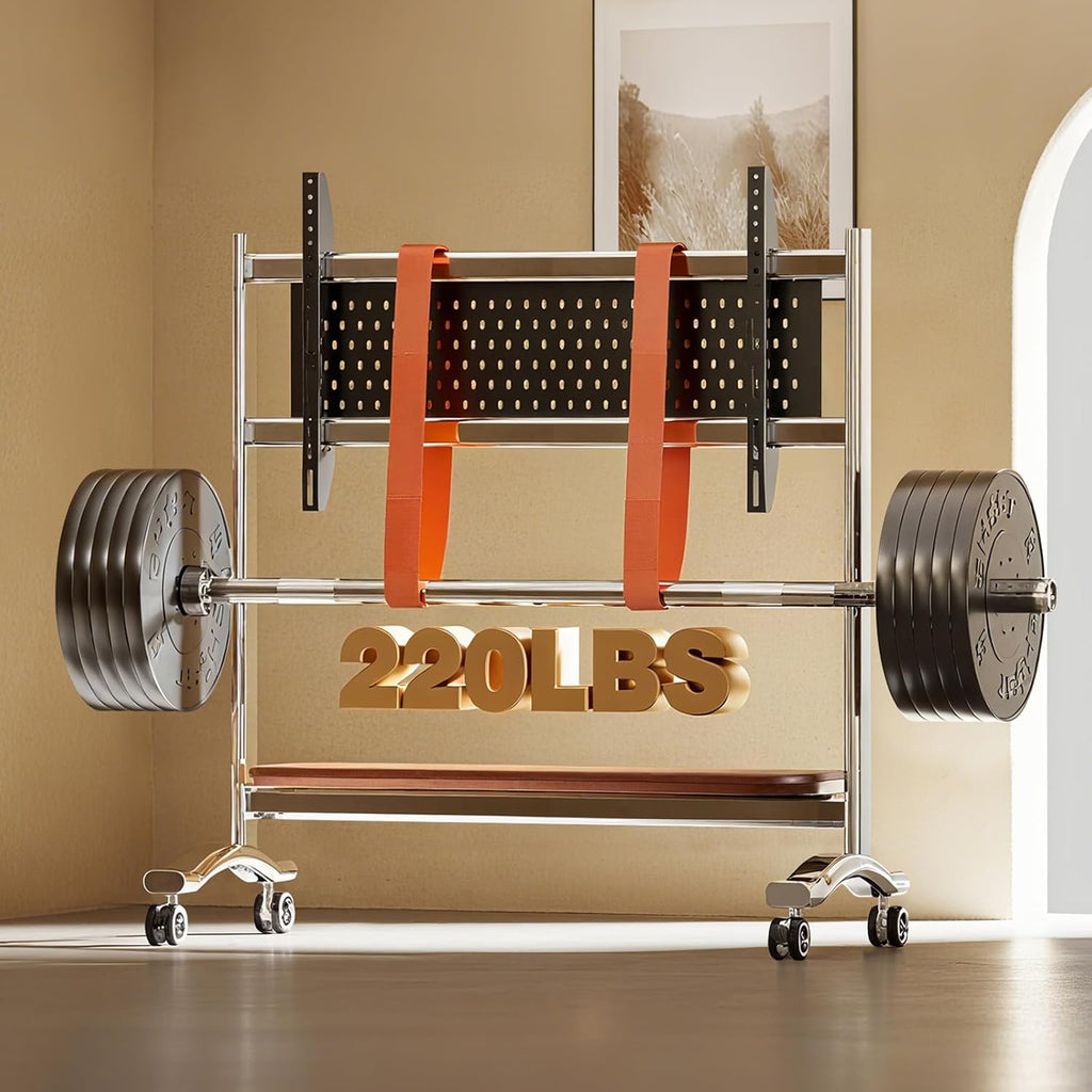 Stainless Steel Art Rolling TV Cart, Mobile TV Stand for 65-110inch TVs, Heavy Duty TV Stand with Wood Shelf&Large Storage Pegboard 220 lb. Load Capacity, Max VESA 1200x600mm (Style 1)