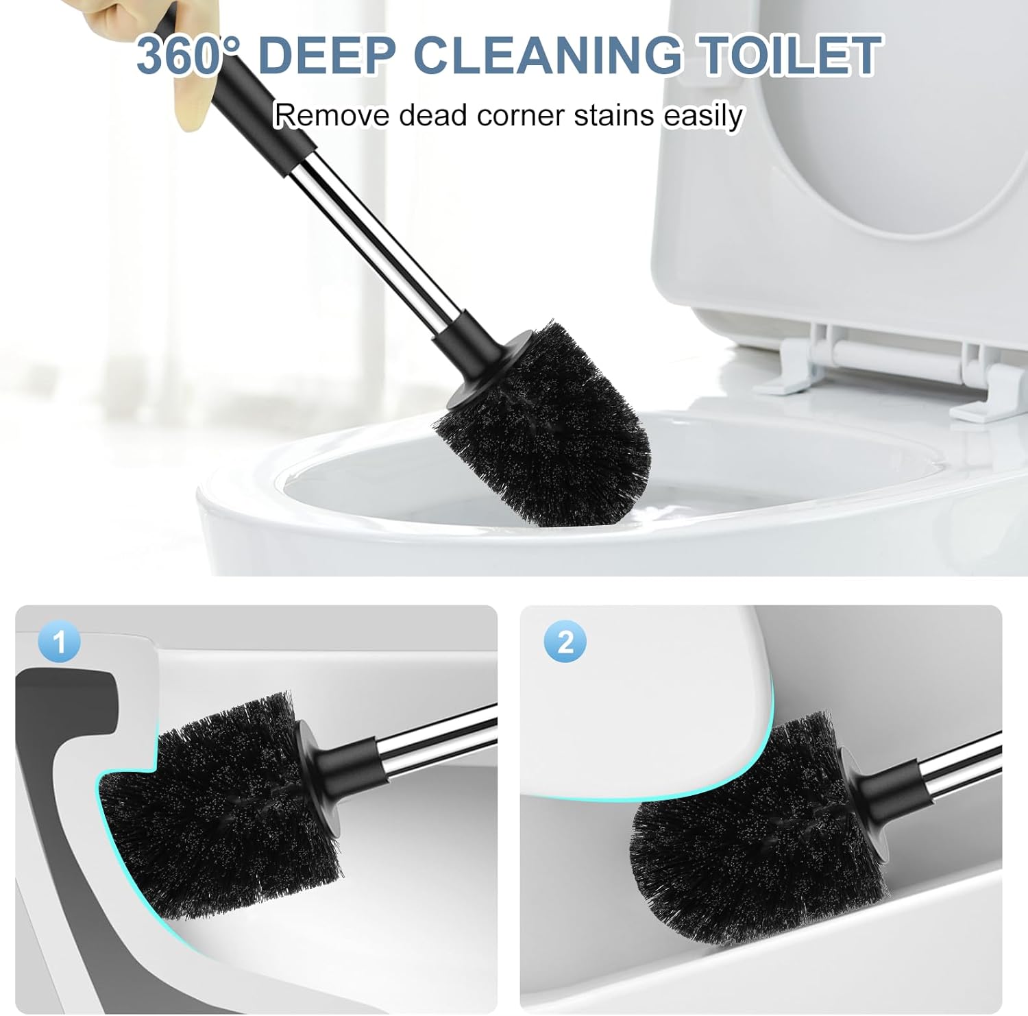 SetSail Toilet Brush and Holder, Self Closing Lid Toilet Bowl Brushes Holder and Extra Long Handle Ventilated Toilet Brush Set for Bathroom Cleaning, Nylon Bristles, 2 Packs-Black