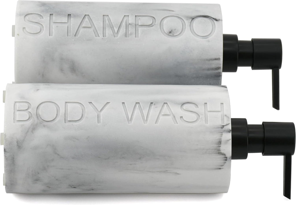 Marble Resin 2 Piece Shampoo and Body Wash Dispenser Set, Luxurious Refillable Pump Bottles with Matte Pump Top and Embossed Text, Durable Design for Bathroom and Shower