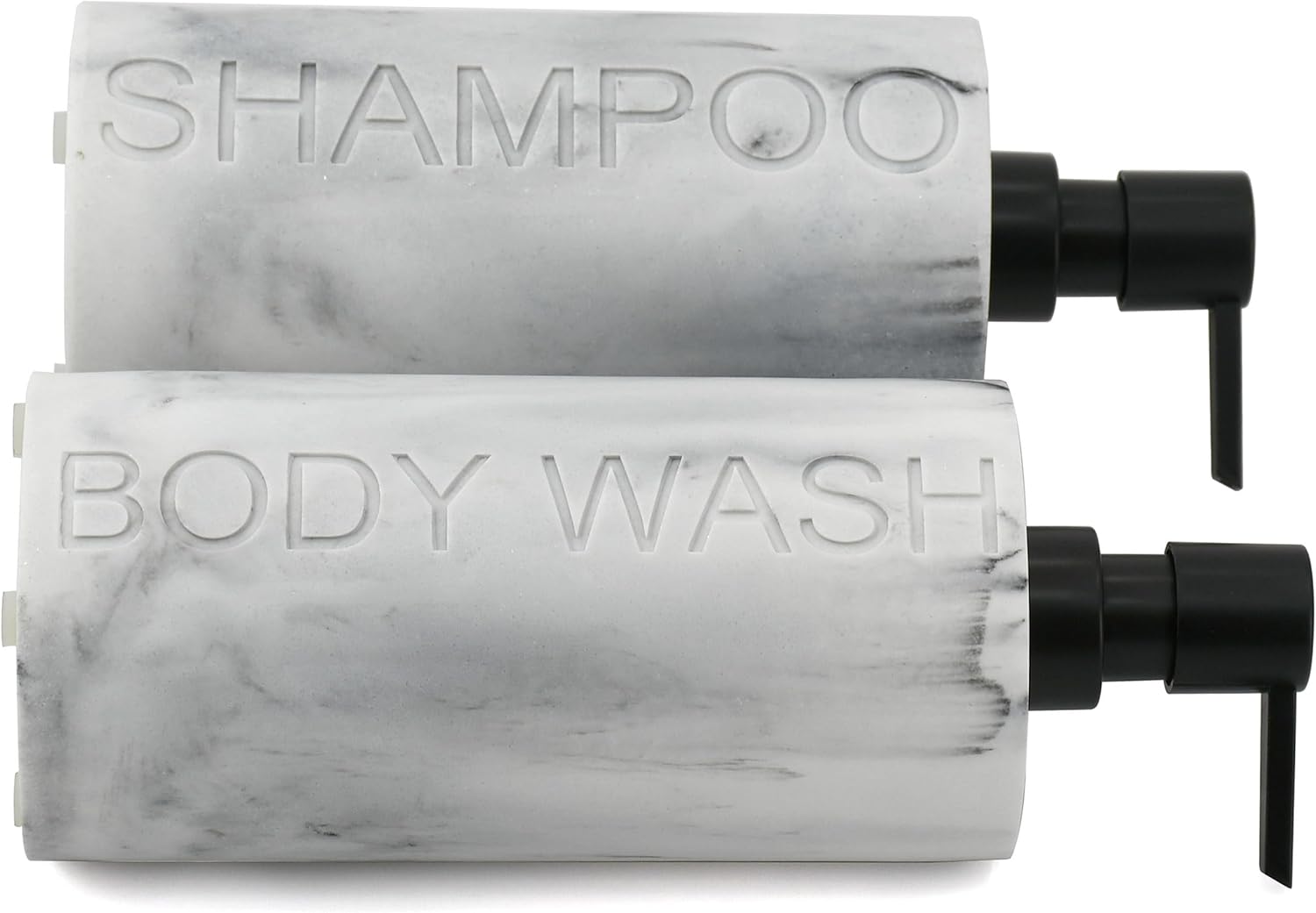 Marble Resin 2 Piece Shampoo and Body Wash Dispenser Set, Luxurious Refillable Pump Bottles with Matte Pump Top and Embossed Text, Durable Design for Bathroom and Shower