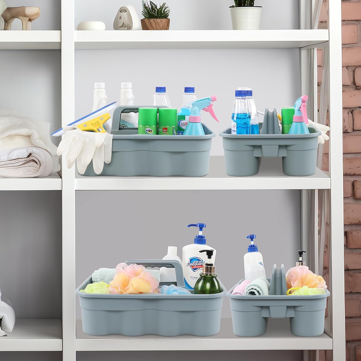 4 Pack Bathroom Cleaning Caddy Organizer with Handle, Plastic Bucket for Cleaning Tool, Gray