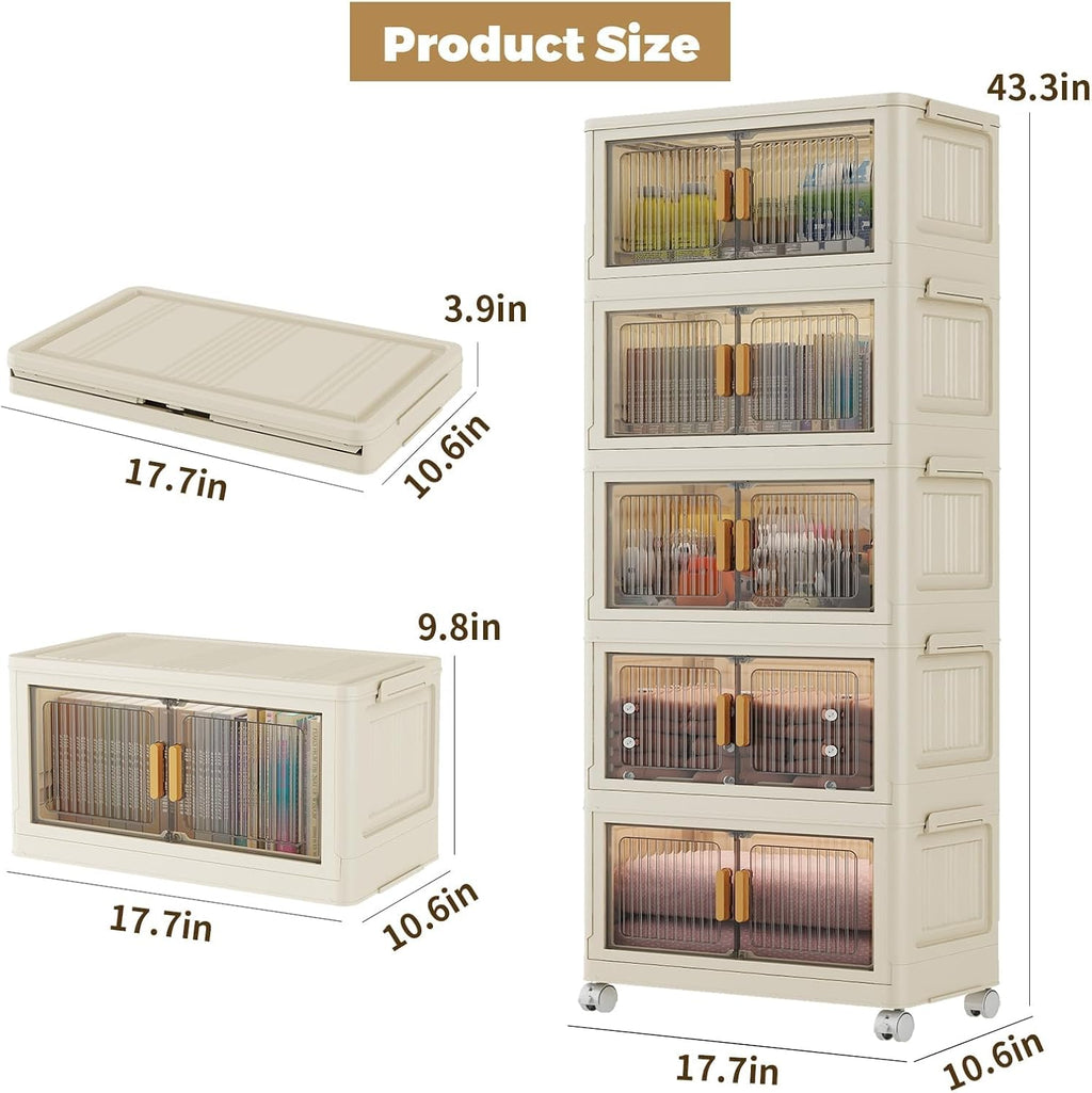 28 Qt Plastic Storage Bins with Lid, Collapsible Closet Organizer and Drawers, Stackable Storage Containers with Wheels, 5Pack