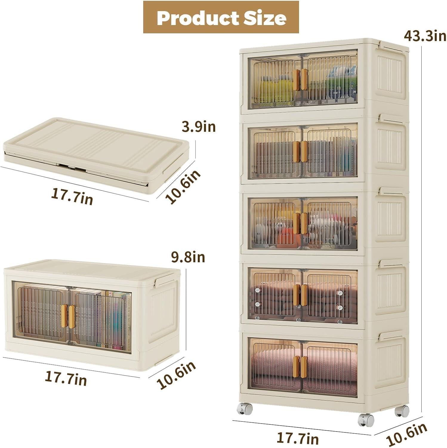 28 Qt Plastic Storage Bins with Lid, Collapsible Closet Organizer and Drawers, Stackable Storage Containers with Wheels, 5Pack