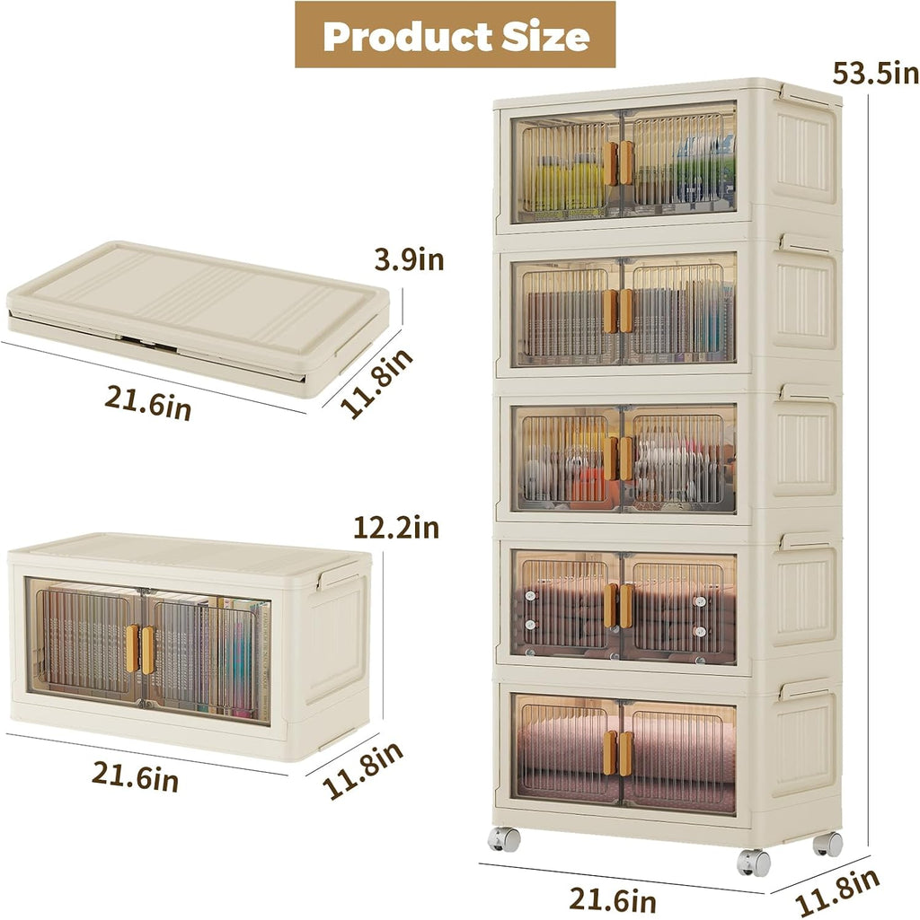 5 Tier Stackable Plastic Storage Bins with Lids 48QT, Collapsible Closet Organizers and Storage with Wheels for Living Room,Office,Dorm