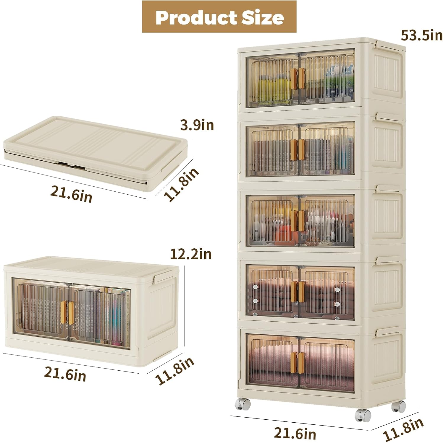 5 Tier Stackable Plastic Storage Bins with Lids 48QT, Collapsible Closet Organizers and Storage with Wheels for Living Room,Office,Dorm