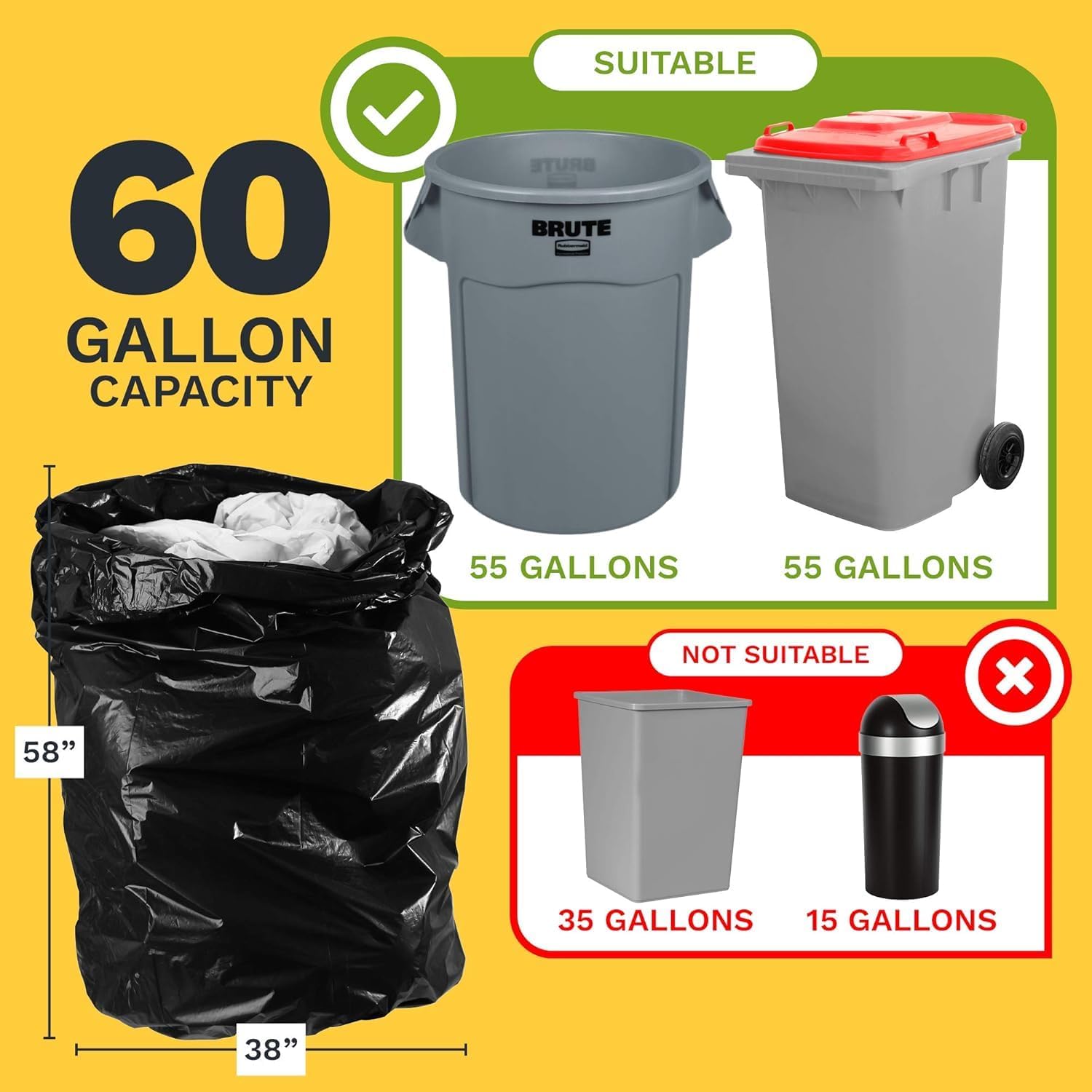 ToughBag 55 Gallon Trash Bags Heavy Duty (100 Count) - 50-60 Gallon Black Garbage Bags, Large Trash Bags - 38 x 58" - Made in USA