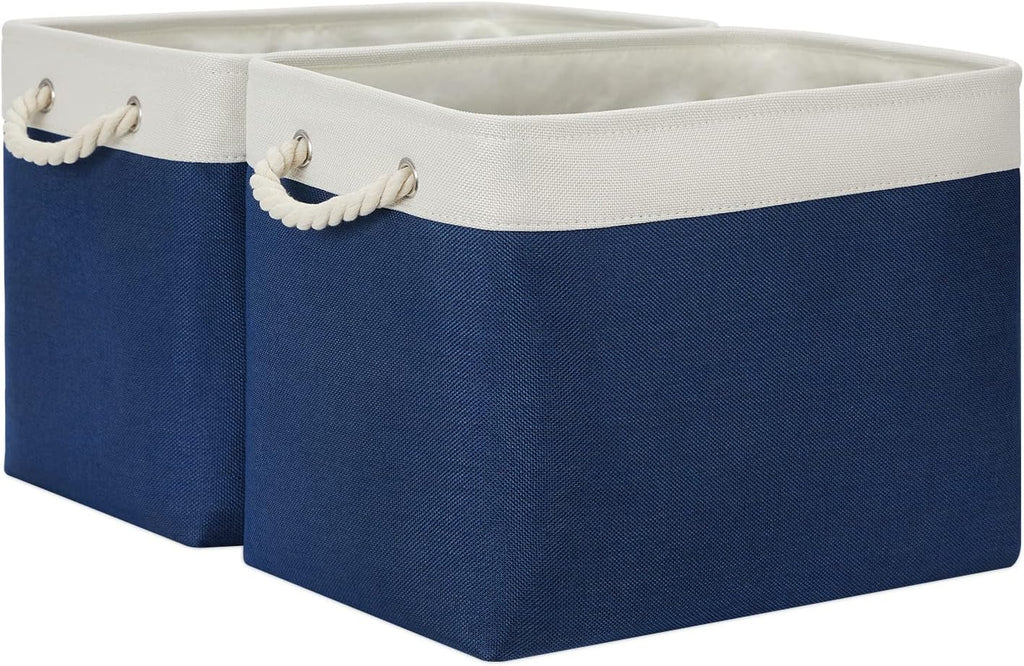 Temary Storage Baskets for Shelves, 2 Pcs Fabric Storage Bins Empty Gift Baskets for Organizing Clothes, Books, Decorative Basket with Rope Handles (White&Blue,16Lx12Wx12H Inches)