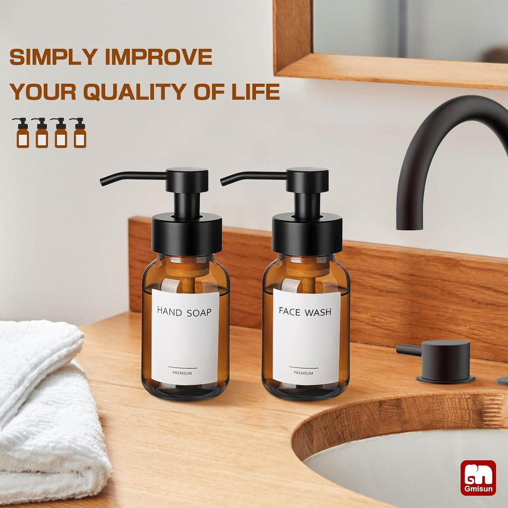 GMISUN Foaming Soap Dispenser, 4 Pcs 8.5 Fl oz Amber Glass Foam Hand Soap Dispenser for Bathroom & Kitchen, Refillable Hand Soap Foam Dispensers, Modern Amber Glass Pump Bottle with Waterproof Labels