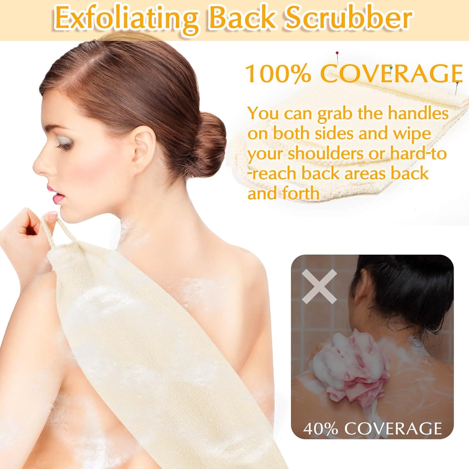 Anezus Exfoliating Back Scrubber Bath Gloves Set, Exfoliating Shower Towel with Shower Gloves for Body Scrub, Back Cleaner Wash Gloves to Remove Dead Skin (Beige)