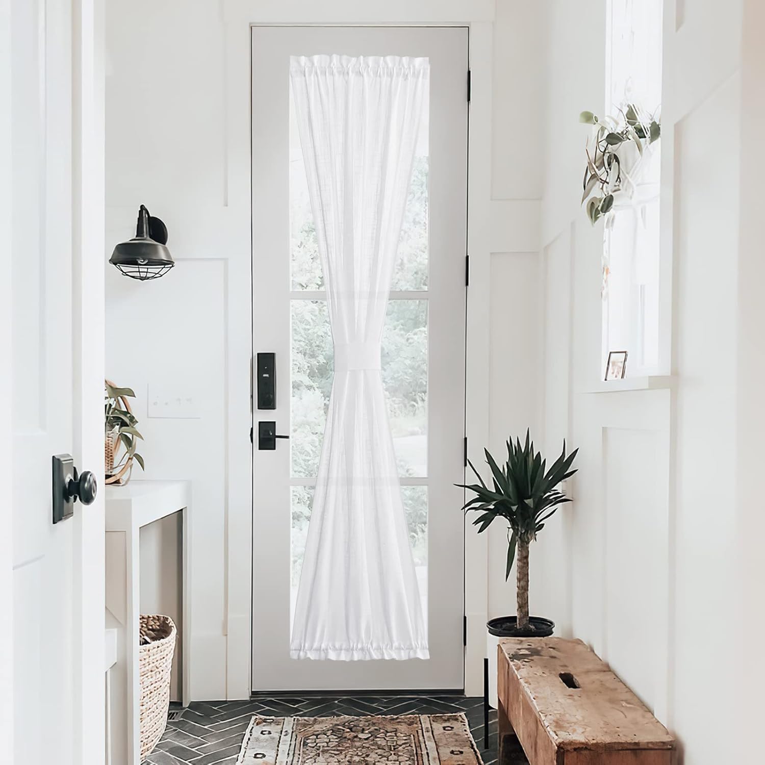 NICETOWN Sidelight French Door Panel, Linen Textured Look Translucent Privacy Side Light Sheer Front Door Curtain Including Tieback, 30 inches Wide x 72 inches Long, White