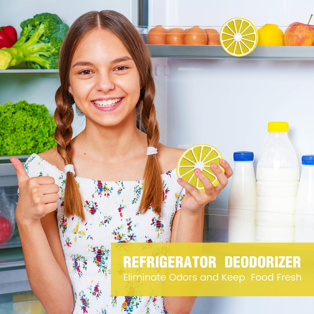 Refrigerator Deodorizer for Kitchen & Small Spaces, 2 Years Fresh Odor Eliminator for Fridge with AOP-KF Solid Alkali Tech, Lemon Design & Adjustable Clip Design (2.7"/50g)