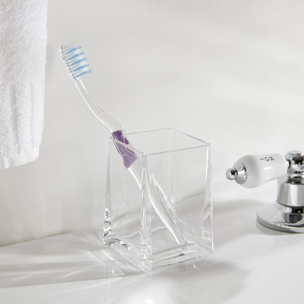 Huang Acrylic Clear Square Tapered Bathroom Toothbrush Holder/Tumbler | Easy to Clean Durable Acrylic | Single Piece Set