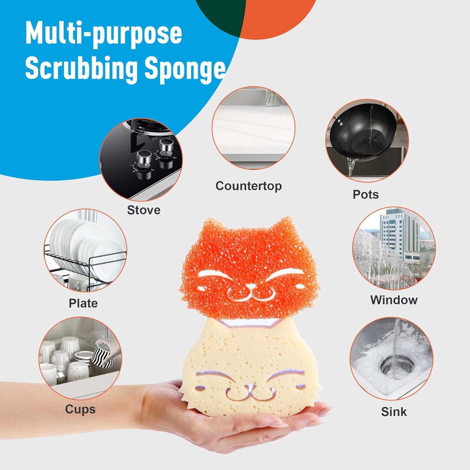12 Pcs Scrubber Sponge Cat Smiley Shape Cleaning Sponge Double Sided Dish Sponge Multi-Purpose Sponges for Cleaning Dishes, Furniture, Kitchen, Bathroom