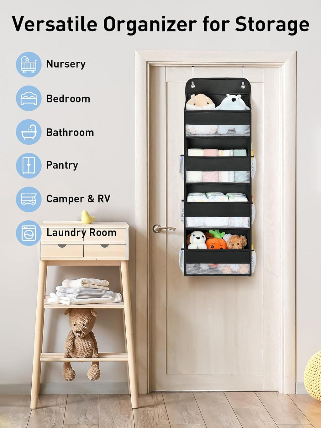 Yecaye 1 Pack Over the Door Organizer, 35.2lbs Load Toy Stuffed Animal Storage, Swing-proof Hanging Bathroom Organizers and Storage for Nursery Newborn Baby Essential Stuff Black