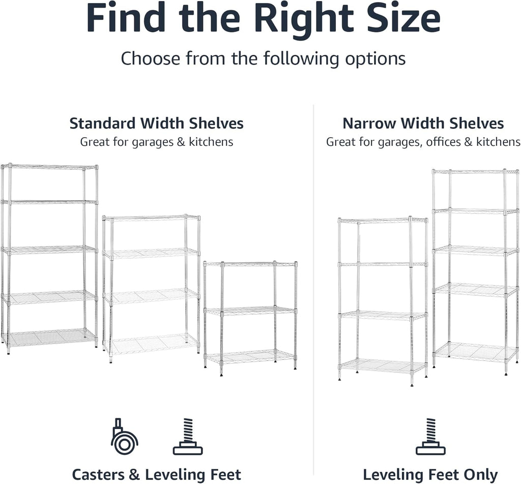 Amazon Basics 4-Shelf Adjustable, Storage Shelving Unit, (200 Pound Loading Capacity per Shelf), Steel Organizer Wire Rack, 13.4"D x 23.2"W x 48"H, Chrome
