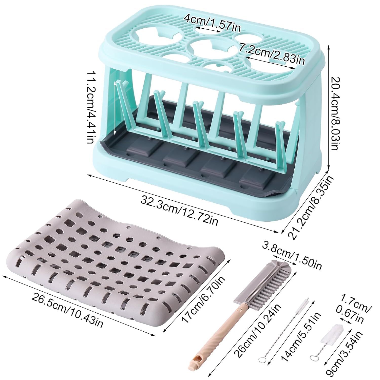 Baby Bottle Drying Rack:Space Saving Standing Drying Rack for Baby Bottles and Pump Part Cleaning,be Equipped with Bottle Brush (Blue)