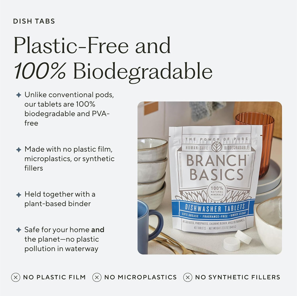 Branch Basics Dishwasher Tablets – 40 Ct, 3 Pack | Plastic-Free, Fragrance-Free, Human-Safe | Delivers a Powerful Clean Without Harsh Chemicals