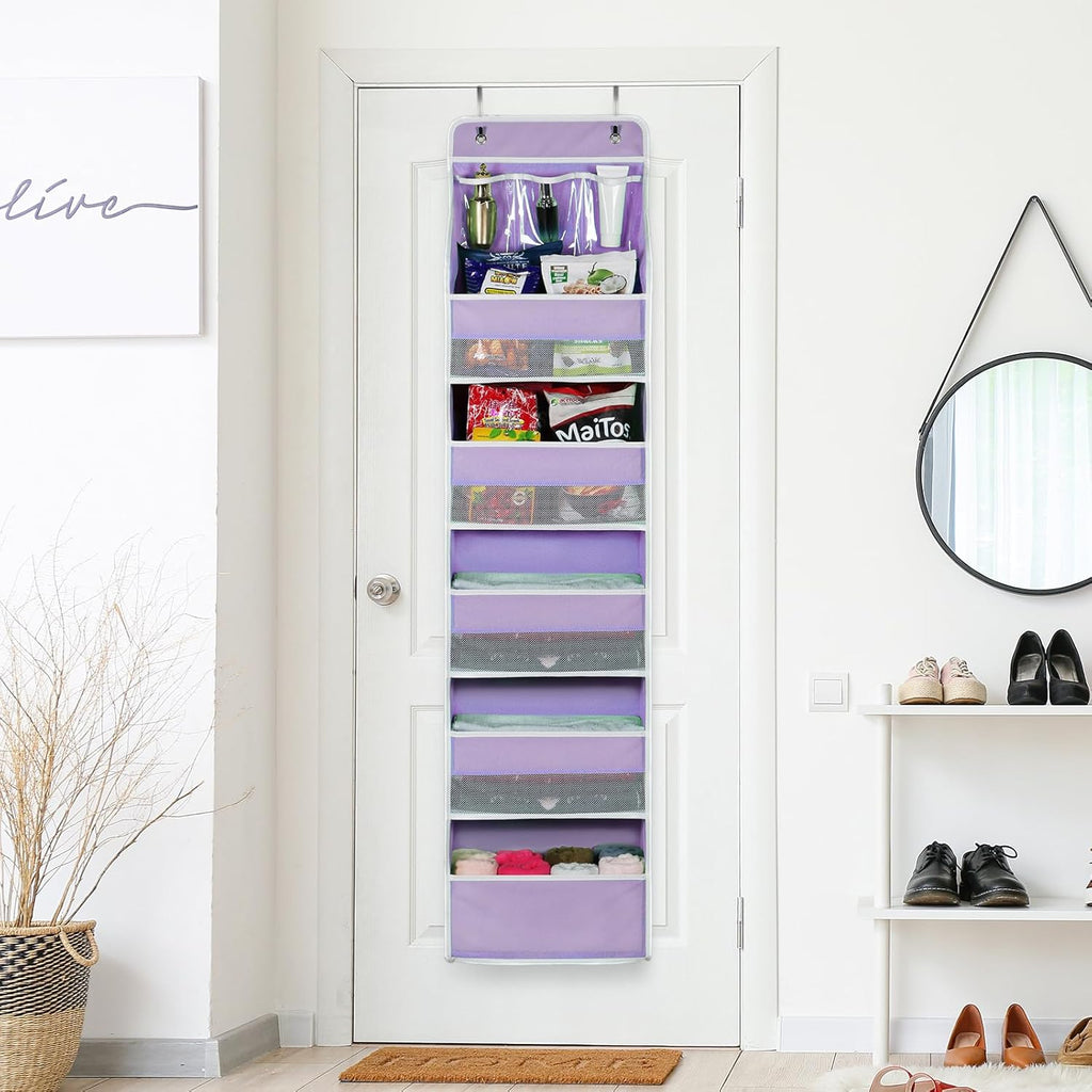 Univivi 6-Shelf Over Door Hanging Organizer Fabric Baby Door Storage with 5 Large Pockets and 3 Small PVC Pockets Wall Mount Hanging Storage Organizers for Baby Essential (Purple)