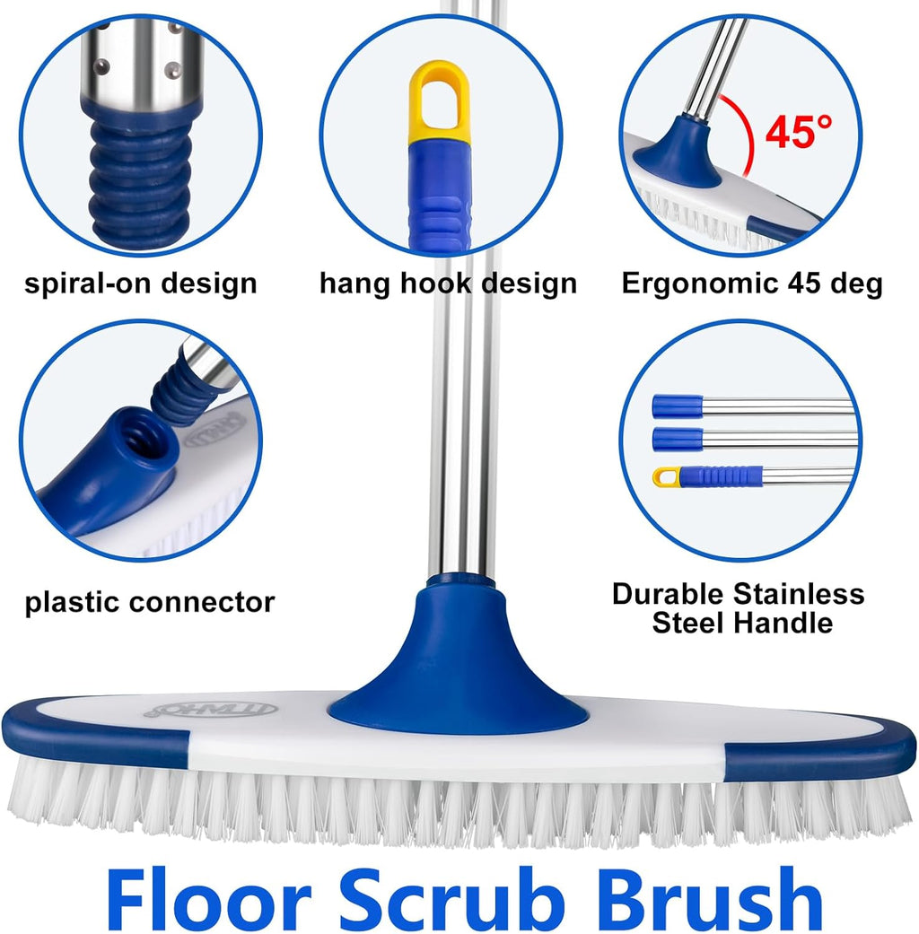 ITTAHO Floor Scrub Brush with Long Handle - 53" Deck & Grout Cleaner Brush Set for Tile, Marble, Stone, Bathroom, Patio, Garage, Deck & Floor Cleaning