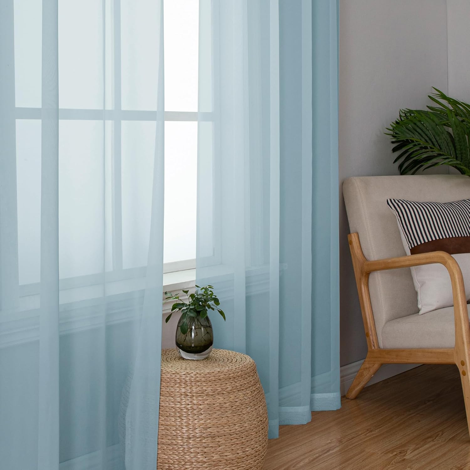 Chyhomenyc Light Blue Sheer Curtains 63 Inch Length 2 Panels, Light Filtering Airy Rod Pocket Window Curtain Treatment Drapes for Bedroom Living, Each 42Wx63L Inches