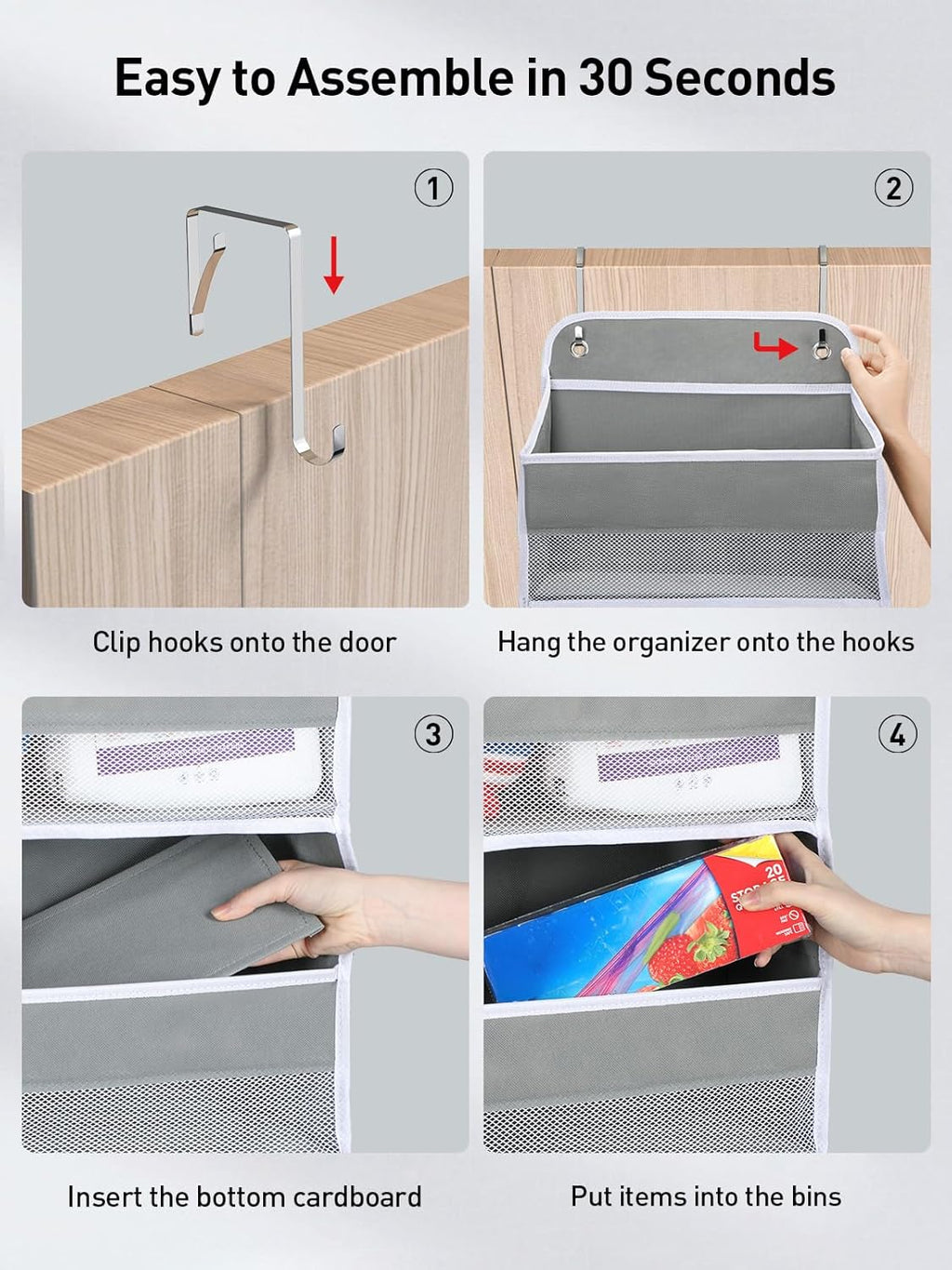 Yecaye 1 Pc Over the Door Organizer with 5 Bins 10 Side Pockets, 44lbs Load Hanging Bathroom and Bedroom Organizer, behind the Door Hanging Organizers for Nursery Newborn Baby Essential Stuff Grey