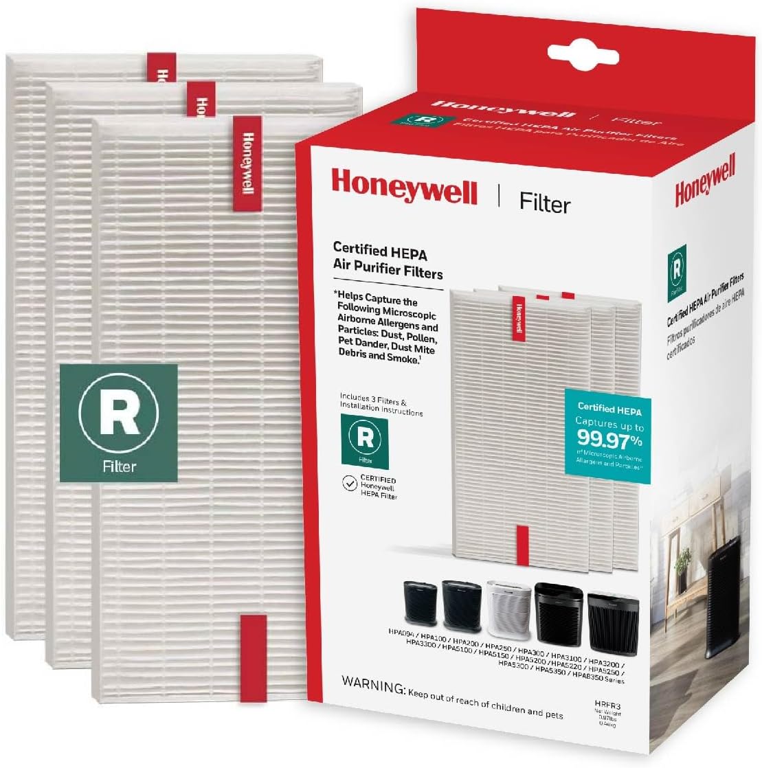 Honeywell HEPA Air Purifier Filter R, 3-Pack for HPA 100/200/300, 3000 and 5000 Series - Airborne Allergen Air Filter Replacement Targets Wildfire/Smoke, Pollen, Pet Dander, and Dust