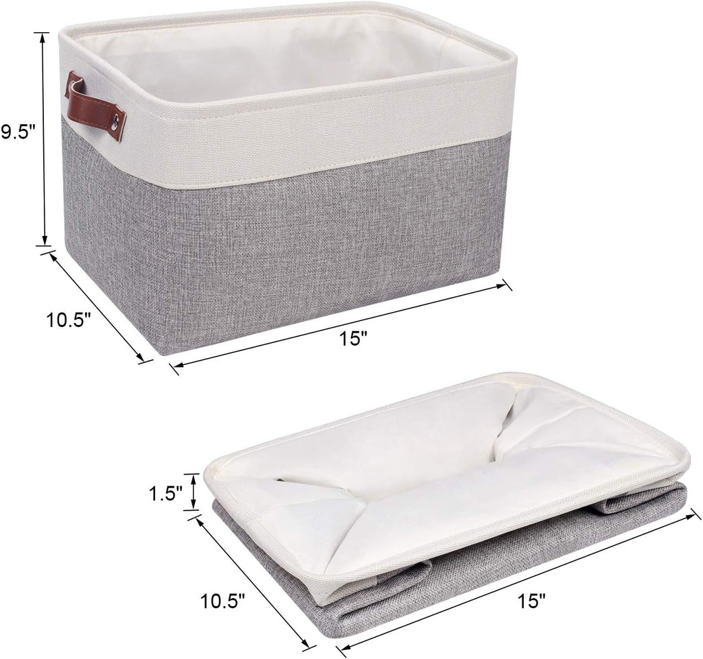 Univivi 15 inch Large Storage Baskets 4PC Gray Hard Bottom Foldable Storage Bins with PU Handles for Shelf Rectangle Fabric Baskets for Organizing (15”X10.5”X9.5”)