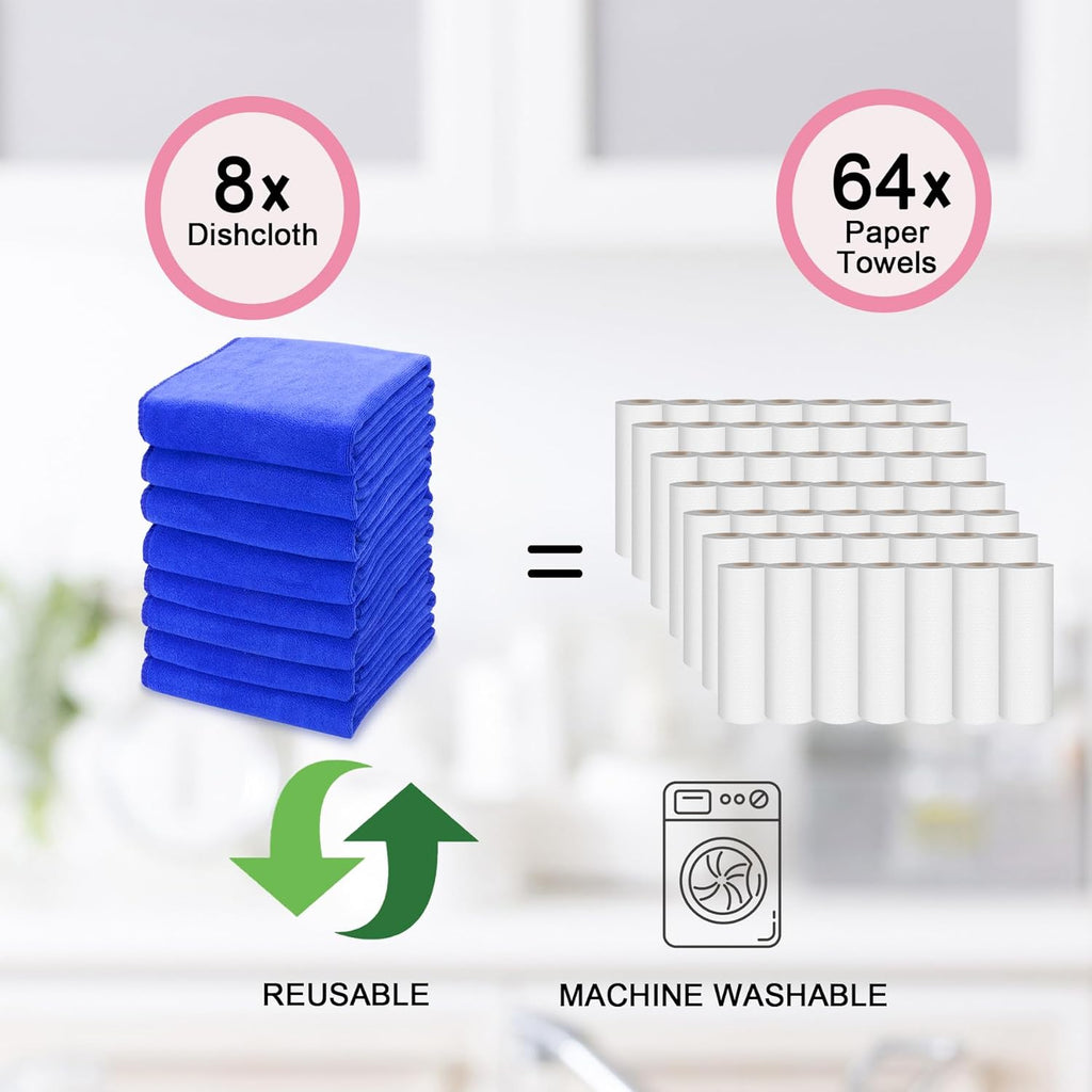 kimteny 13x28 Inches Kitchen Cloth Dish Towels, 400 GSM Premium Dishcloths, Super Absorbent Coral Velvet Microfiber Cleaning Cloths, Fast Drying Rags for Washing Dishes (8 Pack, Blue)