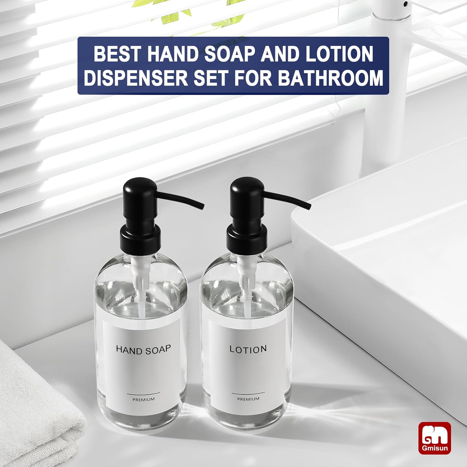 GMISUN Glass Soap Dispenser with Pump, 2 Pack Clear Bathroom Hand Soap Dispenser with Stainless Steel Pump, 17 Fl Oz Refillable Kitchen Hand and Dish Soap Dispensers Set, Modern Liquid Pump Bottles