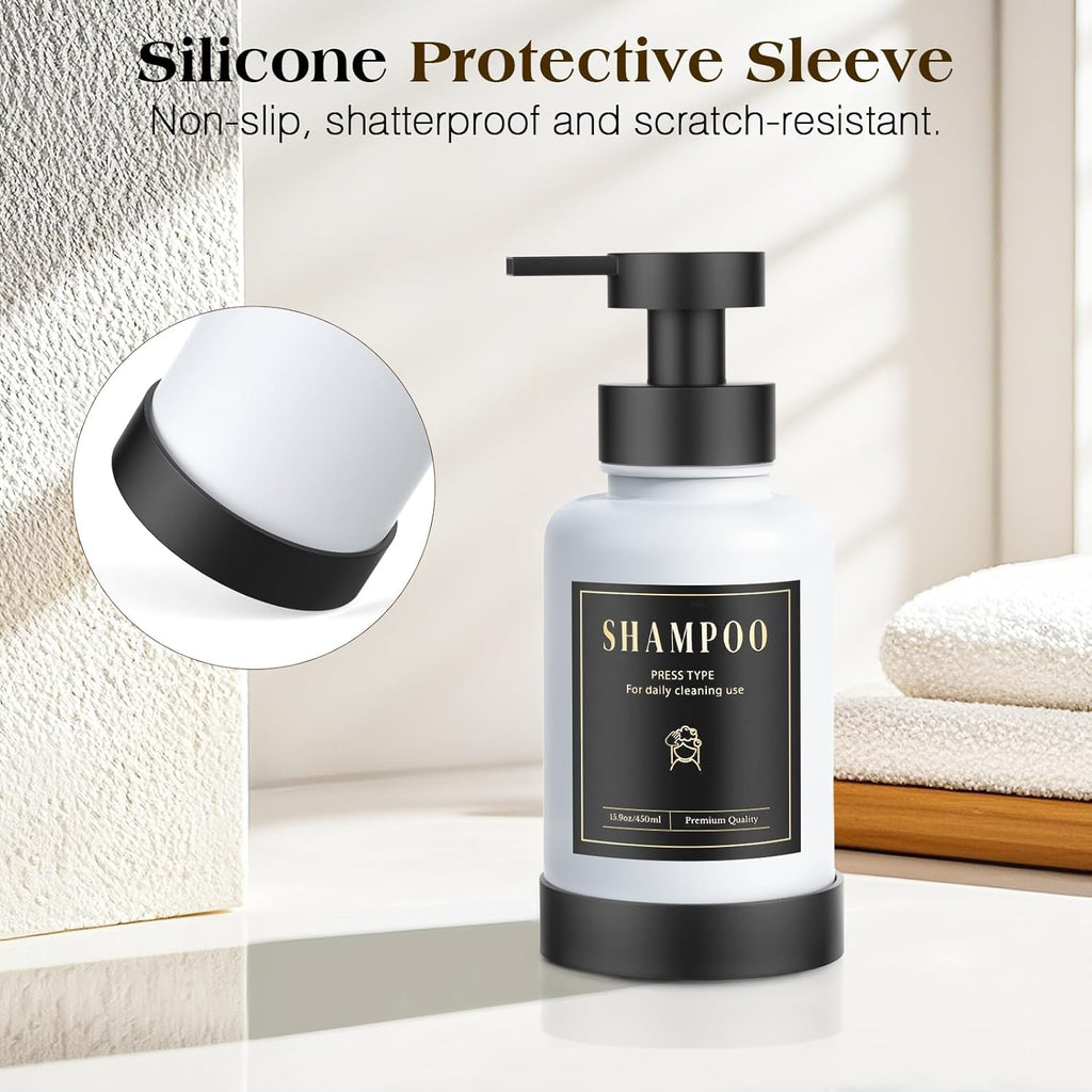 Luxspire Foaming Soap Dispenser, Glass Foam Pump Soap Dispenser, Non-Slip Silicone Sleeve & 5 Waterproof Labels, 15 Oz Refillable Liquid Bottle for Bathroom & Kitchen, Black+White, 2 Pack