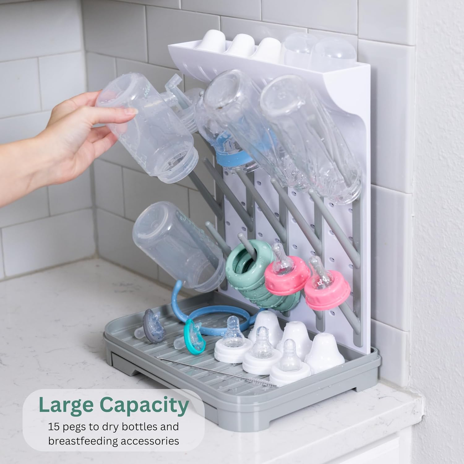 Baby Bottle Drying Rack – Large Vertical Bottle Dryer for 15 Bottles, Space-Saving Countertop Rack for Baby Bottles & Accessories, Compact Holder for Newborn Essentials