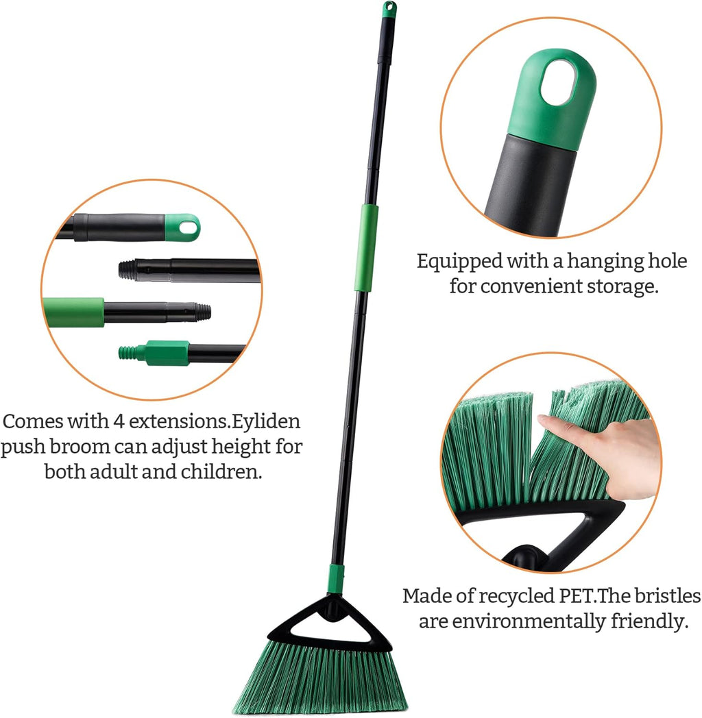 Eyliden Broom, Angle Broom with 57" Long Handle | Fit Heavy-Duty Cleaning, Also Works Well Fine Dust | Commercial Outdoor Indoor Sweeper for Courtyard Sidewalk Deck Kitchen Lobby Garage, Green
