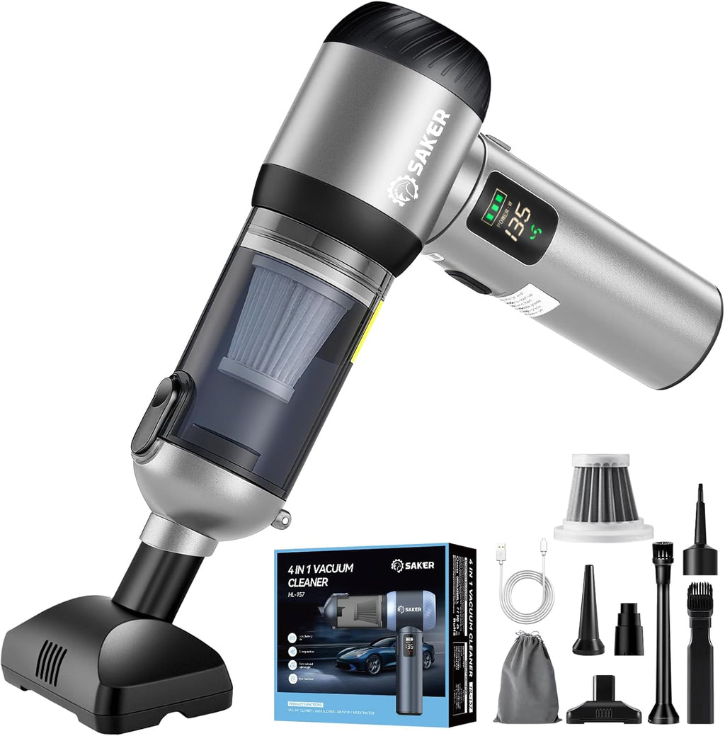 Saker Car Vacuum Portable Cordless 20000Pa Suction Power 4 in 1 Handheld Vacuum&Air Duster with LED Light Type-C Charge Portable Mini Vacuums for Car, Home, Office, Pet HL157 Silver