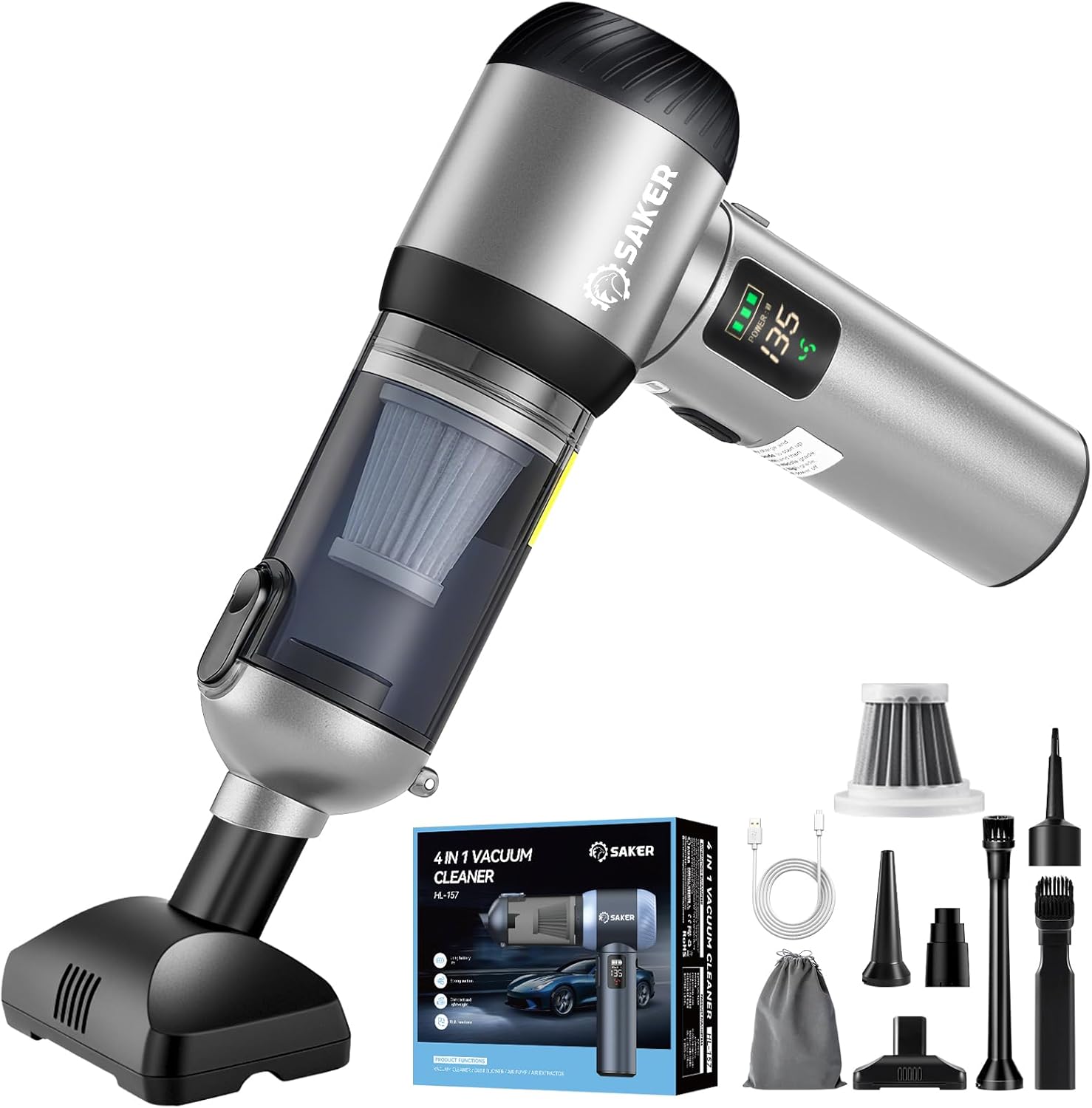 Saker Car Vacuum Portable Cordless 20000Pa Suction Power 4 in 1 Handheld Vacuum&Air Duster with LED Light Type-C Charge Portable Mini Vacuums for Car, Home, Office, Pet HL157 Silver