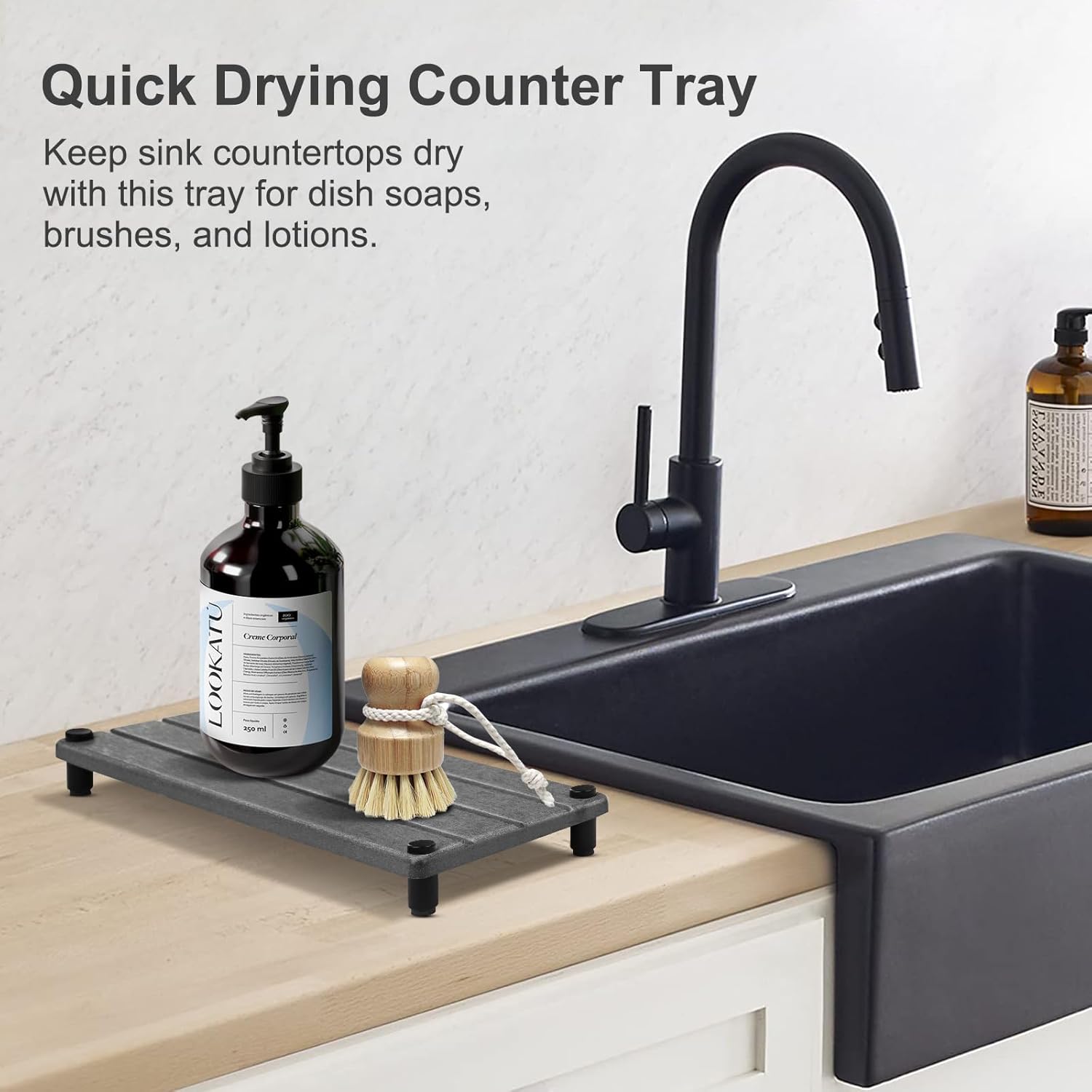 Water Absorbing Stone Tray, Fast Drying Sink Tray for Bathroom & Kitchen Counter, Diatomite Absorbent Coasters, Instant Dry Sink Caddy Organizers Mat, Dish Soap Dispenser Sponge Holder, Dark Gray