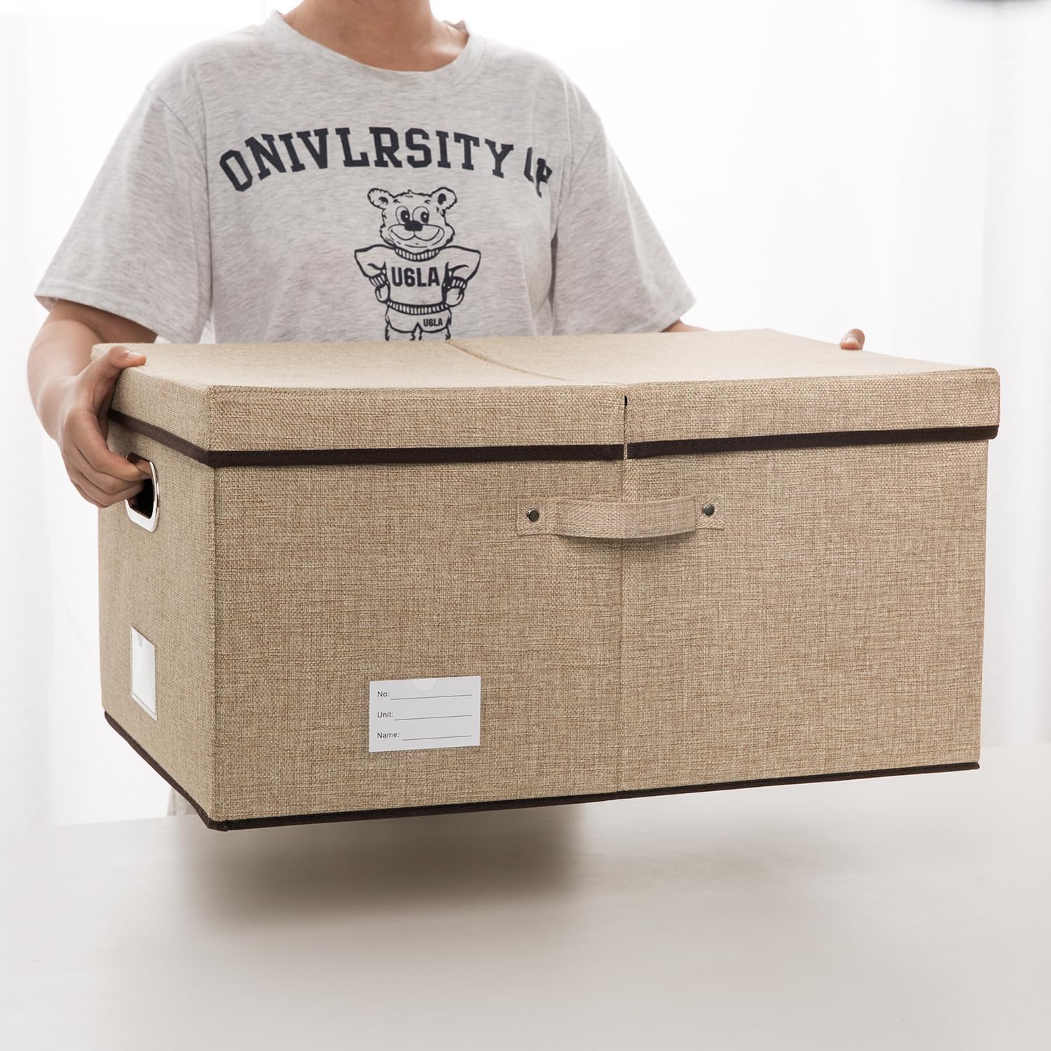 PRANDOM Storage Bins with Lids [3-Pack] Jute Fabric Foldable Storage Boxes Organizer Containers Baskets Cube with Cover for Home Bedroom Closet Office Nursery khaki（23.4X15.9X11.5