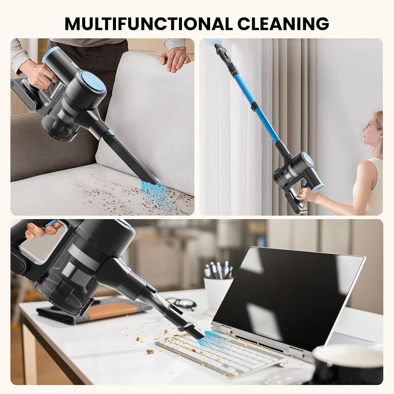 Cordless Vacuum Cleaner with 35Kpa Suction, Battery Vacuum Cleaner with LED Headlight & Anti-Tangle Brush, 6in1 Lightweight Cordless Vacuum for Home, Pet Hair, Hard Floors, Carpet