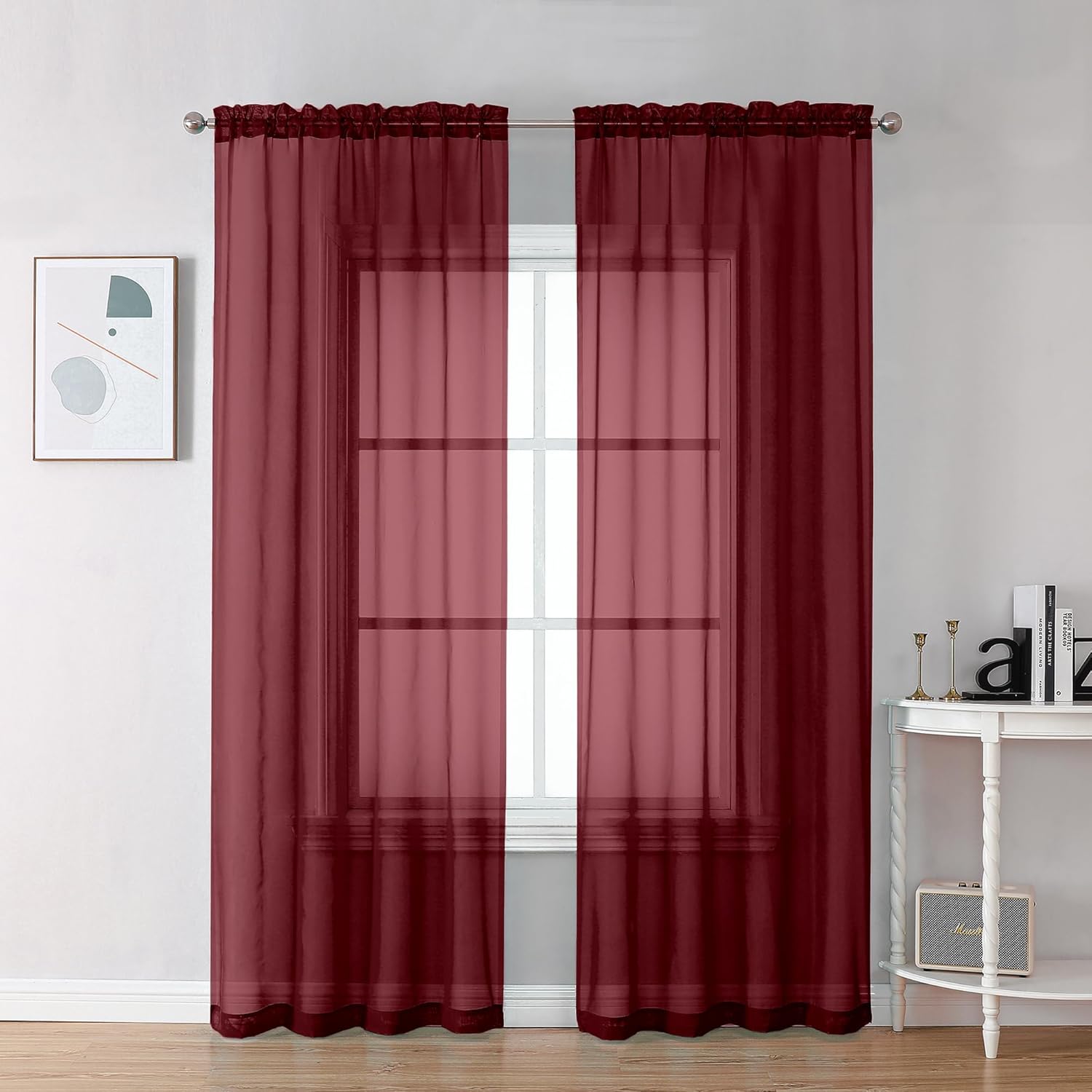 Chyhomenyc Burgundy Sheer Curtains 78 Inches Long 2 Panels Set for Living Room, Light Filtering Voile Lightweight Bedroom Curtains, Rod Pocket Solid Window Treatment Drapes, Each 42W x 78L