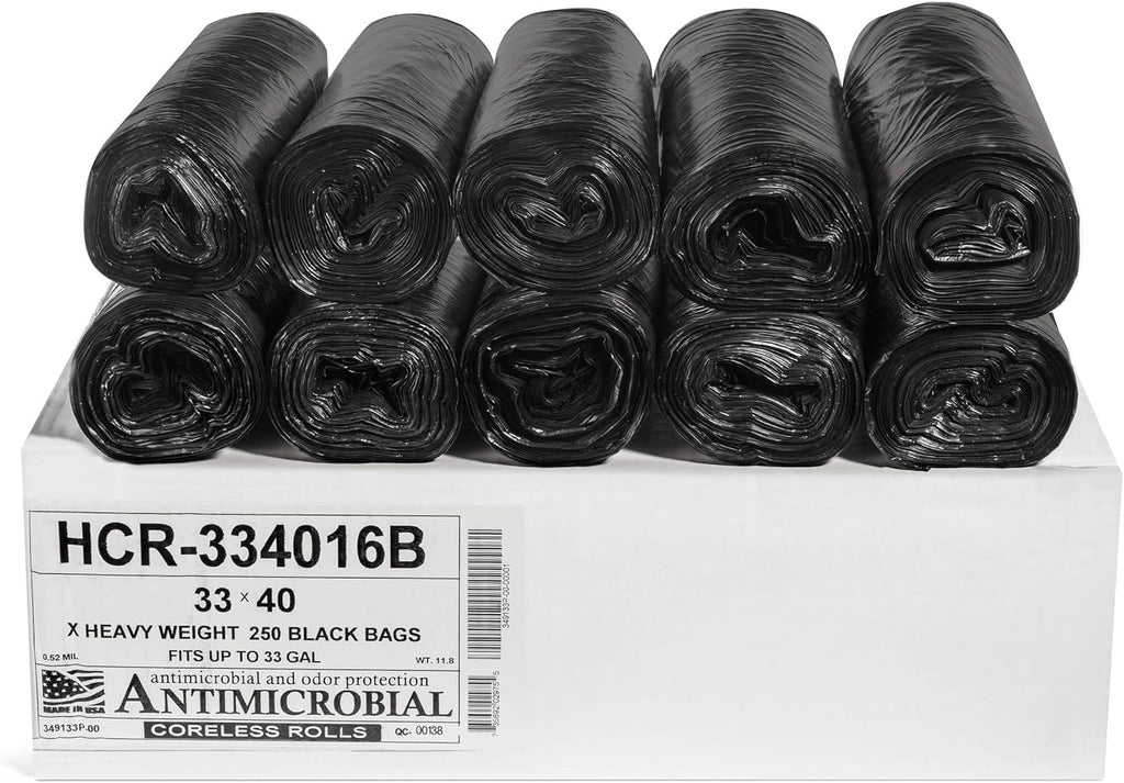 Aluf Plastics High Density Trash Bags, 33 Gallon, 250 Count, 16 Micron (eq), 33" x 40", Black, for Bathroom, Office, Industrial, Commercial, Janitorial, Municipal, Recycling