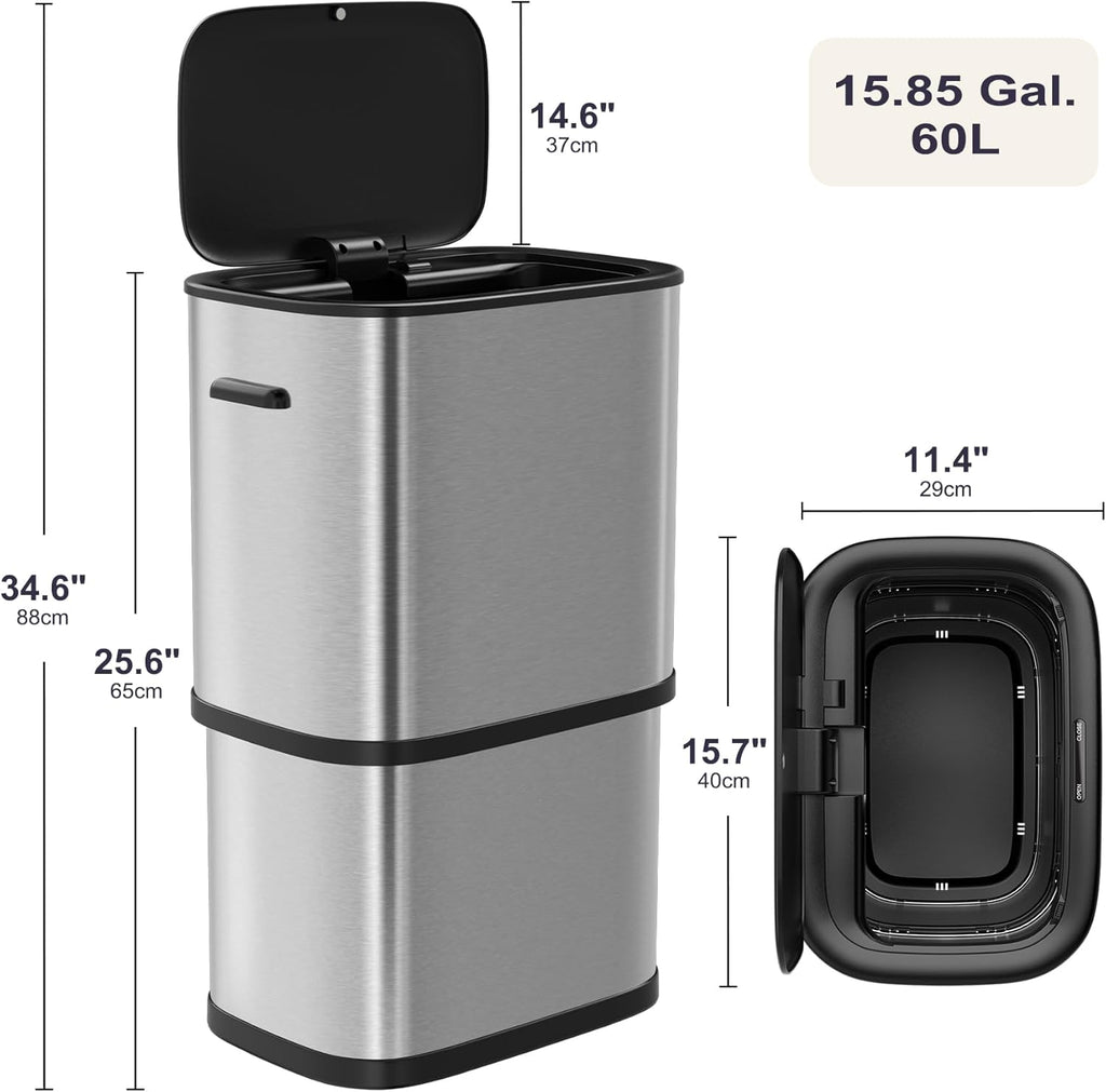 16 Gallon Kitchen Trash Can with Lid, 60L Touchless Motion Sensor Trash Can, Waterproof Brushed Stainless Steel Trash Bin, Automatic Garbage Can for Bedroom, Bathroom, Office, Living Room