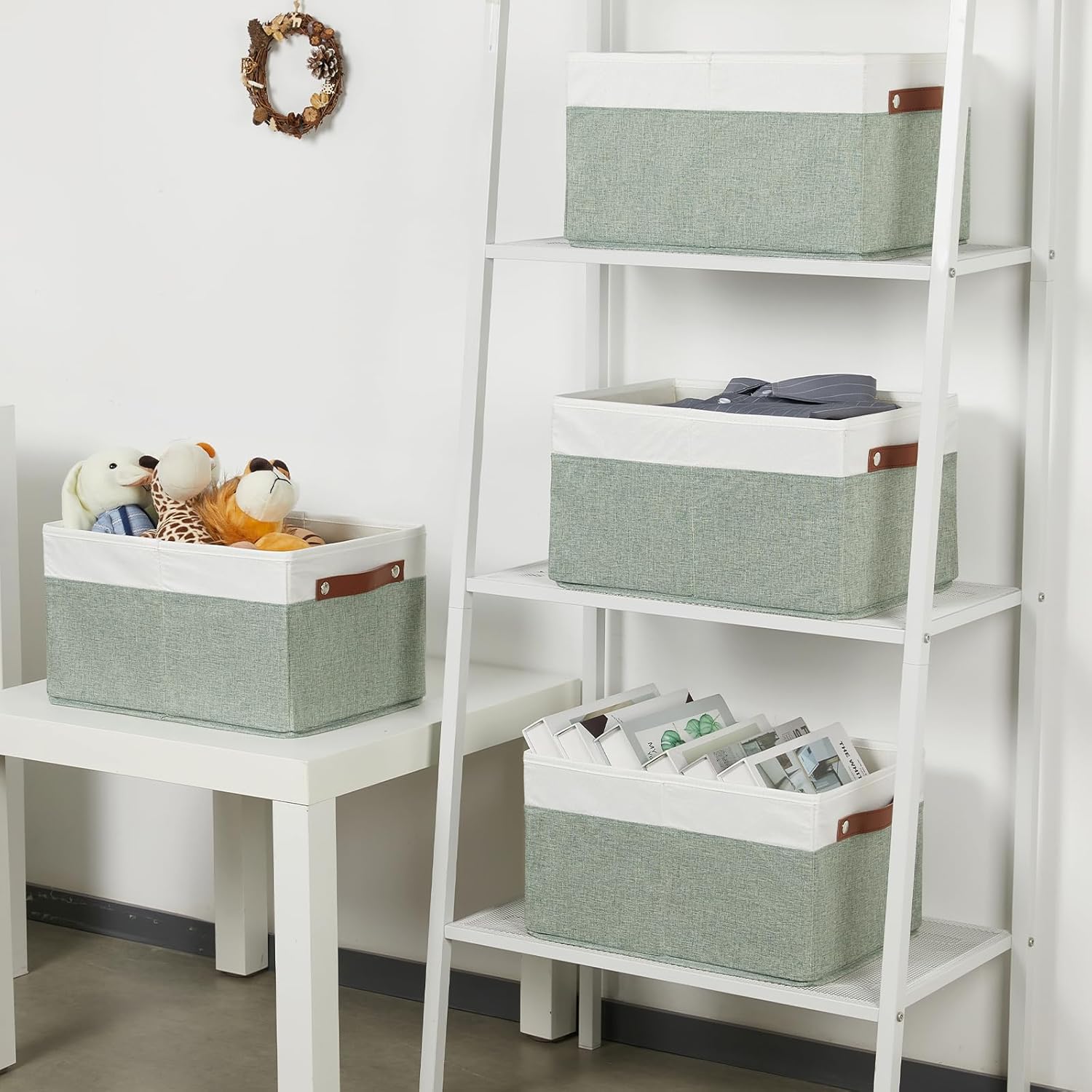 Temary Storage Bins Storage Baskets 4Pack Fabric Storage Bins for Shelves with Dual Leather Handles Canvas Storage Boxes for Organizing Home, Shelf, Closet (White&Green)