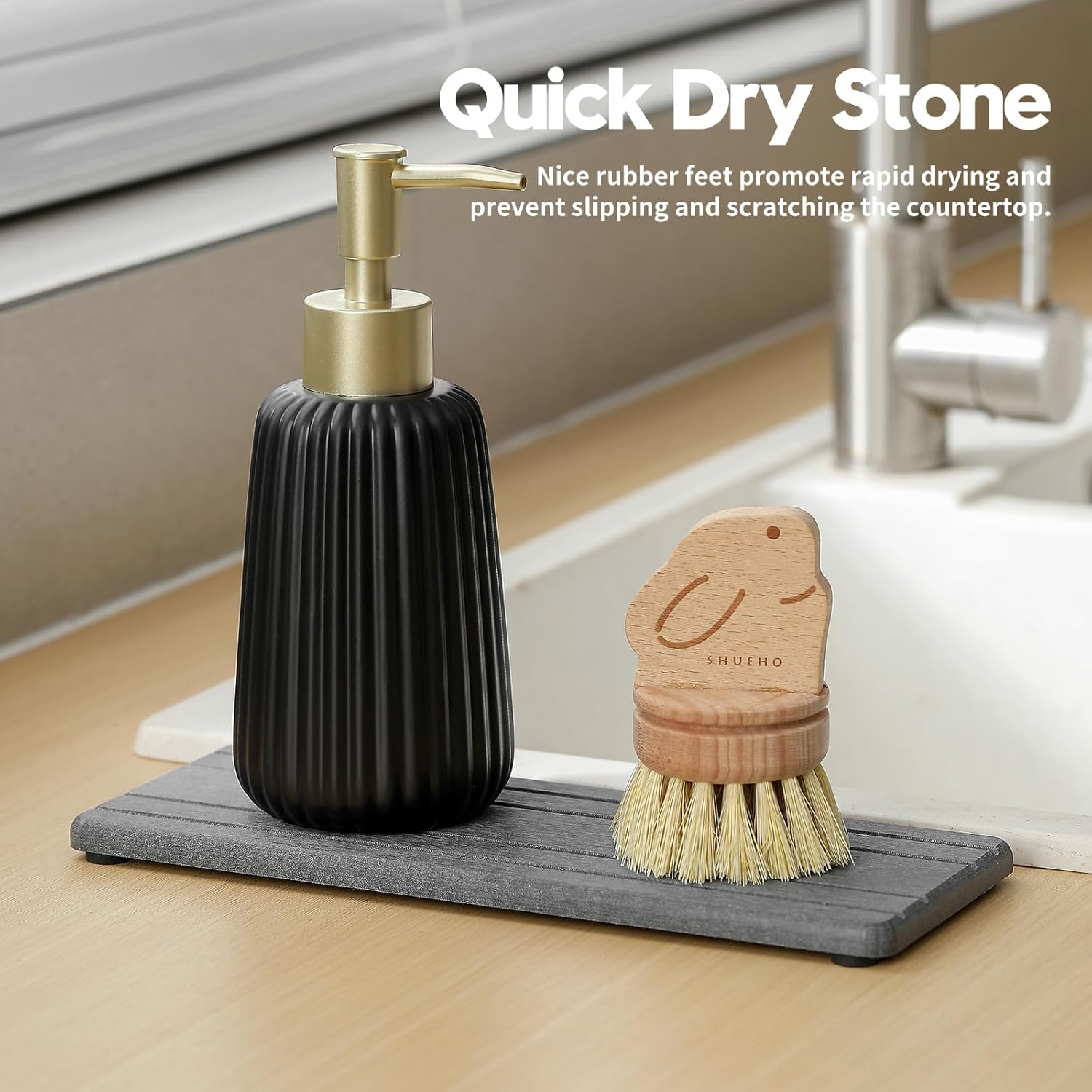 2PCS Diatomite Quick Stone Drying Tray Mat For Bathroom & Kitchen Counter, Instant Dry Water Absorbent Drink Bar Coaster,Vanity Sink Caddy Organizer,Dish Soap Sponge Holder, Dark Gray,9"x3.5"