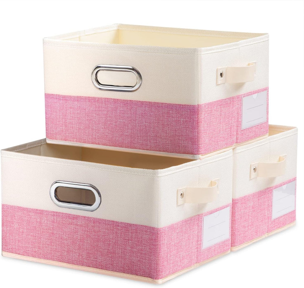PRANDOM Fodable Storage Bins for Closet [3-pack] Decorative Fabric Storage Baskets Cubes with Leather/Metal Handles for Shelves Bedroom Living Room Pink&Cream (11.5x8.5x6.7 Inch)