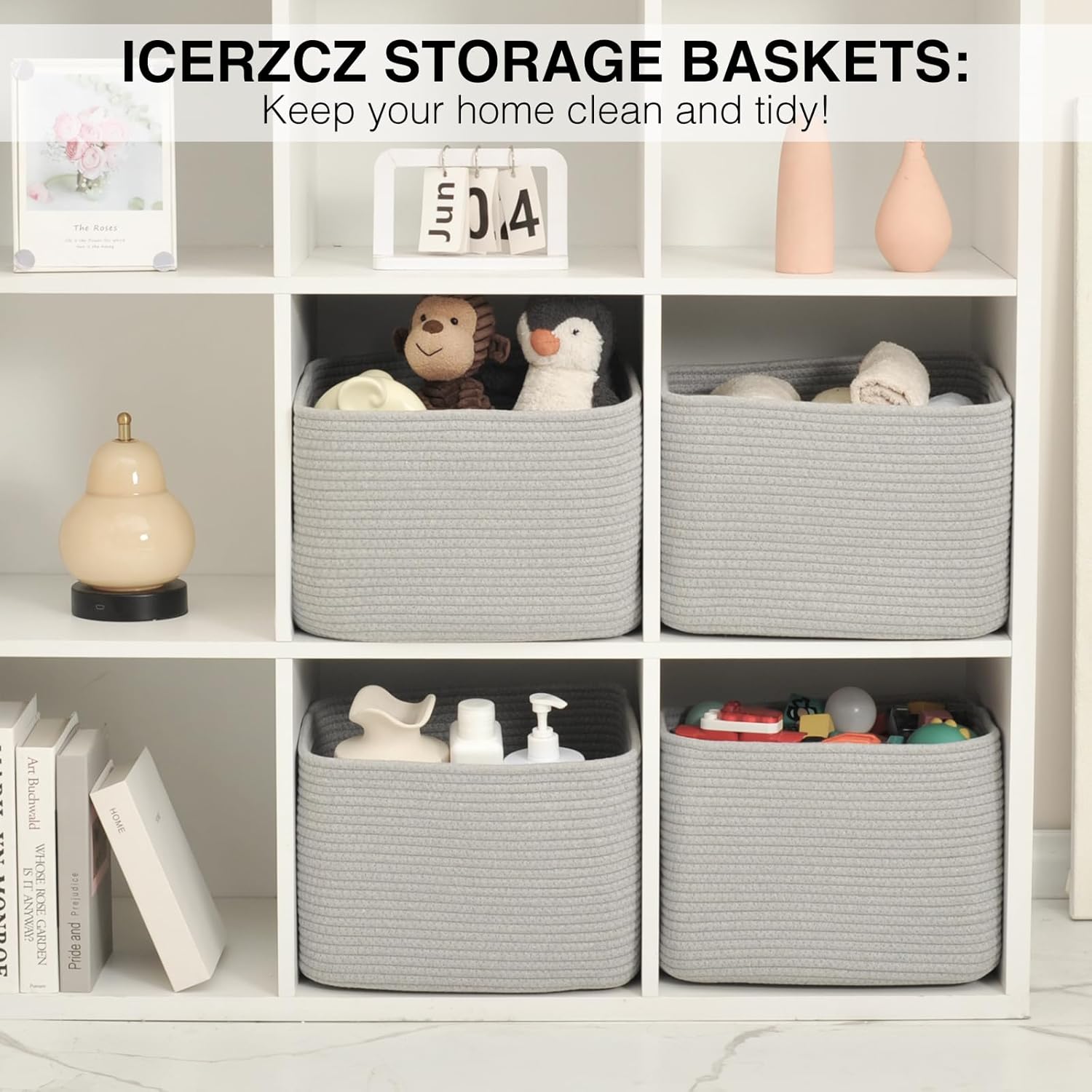 Storage Baskets for Organizing & Shelves, Woven Cotton Rope Organization Bins for Dog Toys, Clothes, Books, Nursery Organizer, 15" Lx11 Wx9.5 H, (4 Packs) Grey